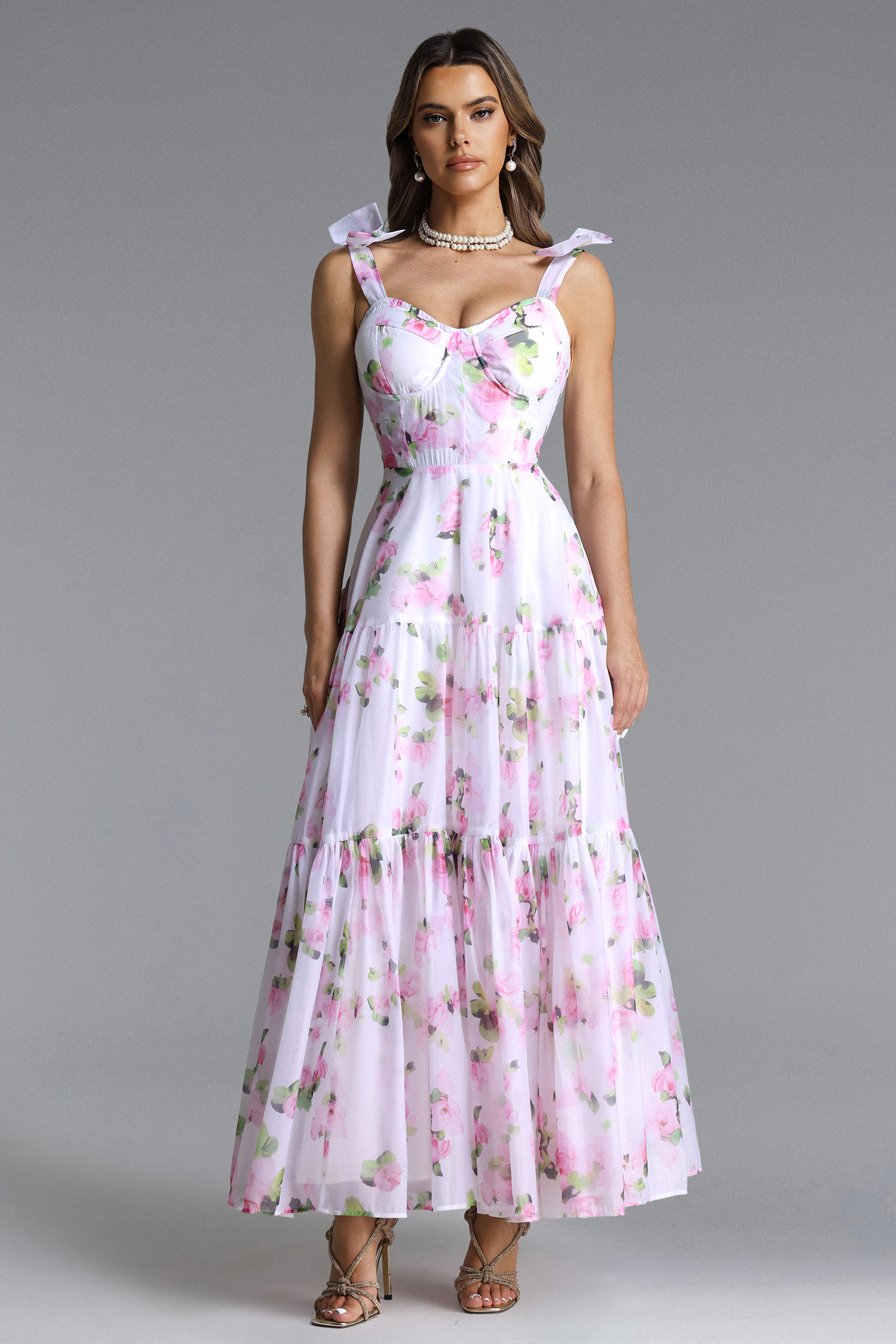 Daphne Romantic Flowy Bow Strap Floral Print Maxi Dress
