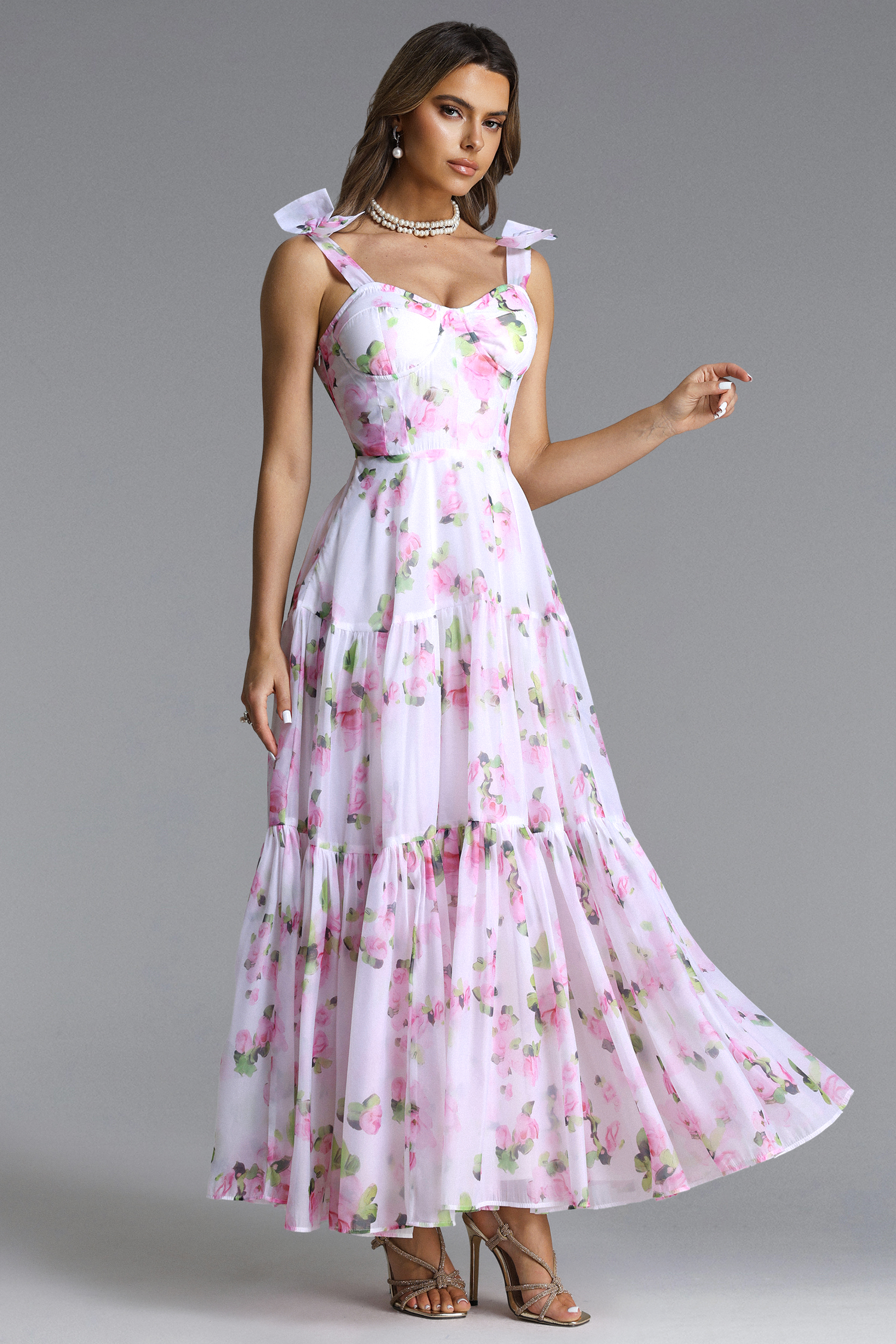 Daphne Romantic Flowy Bow Strap Floral Print Maxi Dress