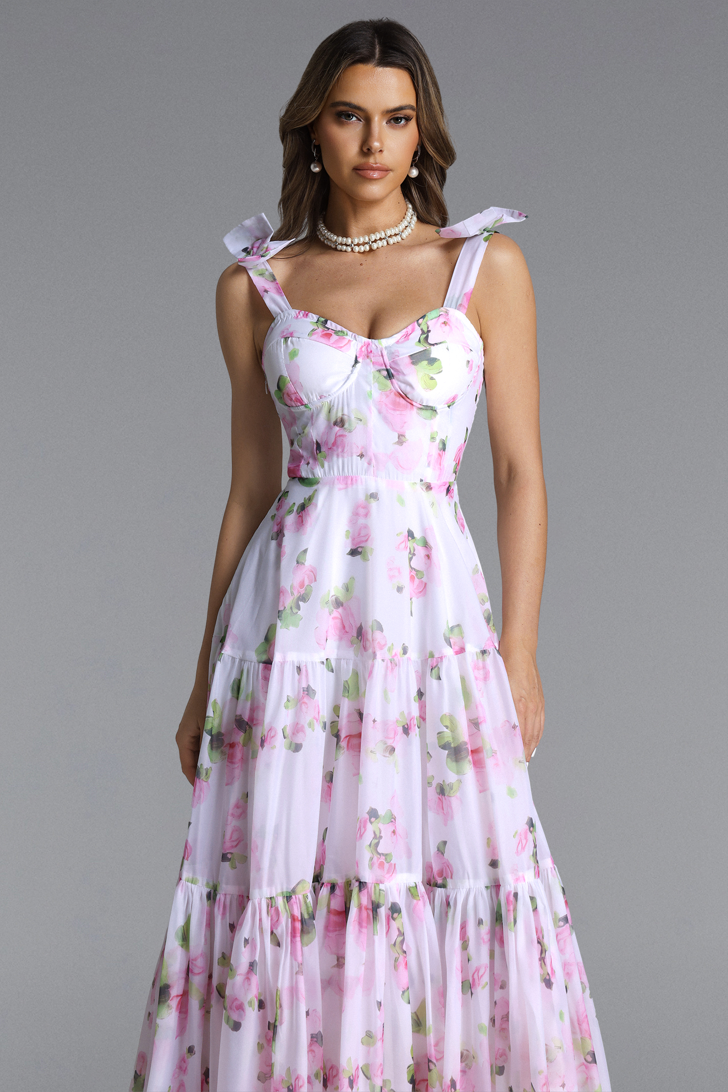 Daphne Romantic Flowy Bow Strap Floral Print Maxi Dress