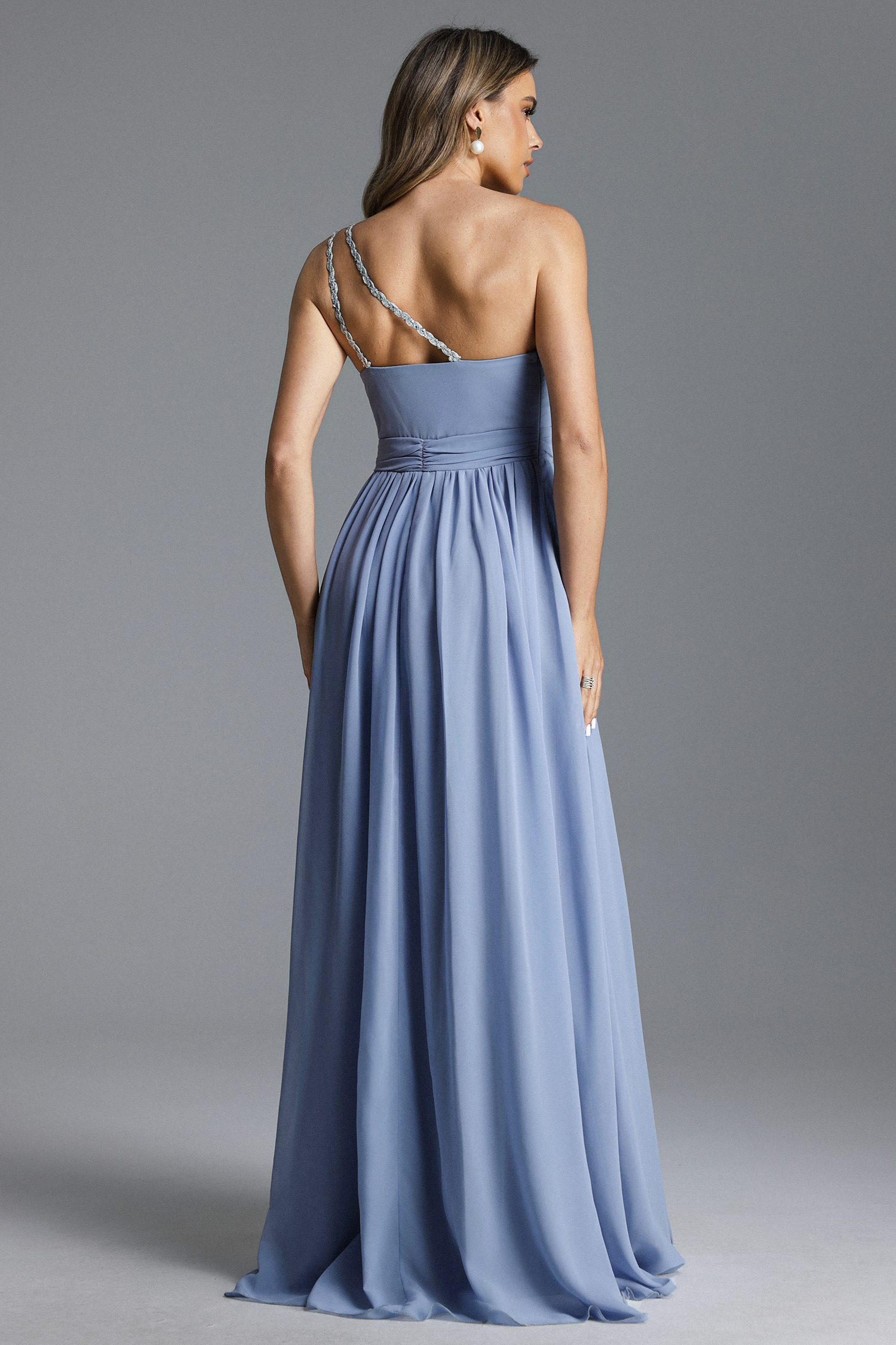 Ereen Elegant Contour One Shoulder Cut Out Pleated Woven Maxi Dress