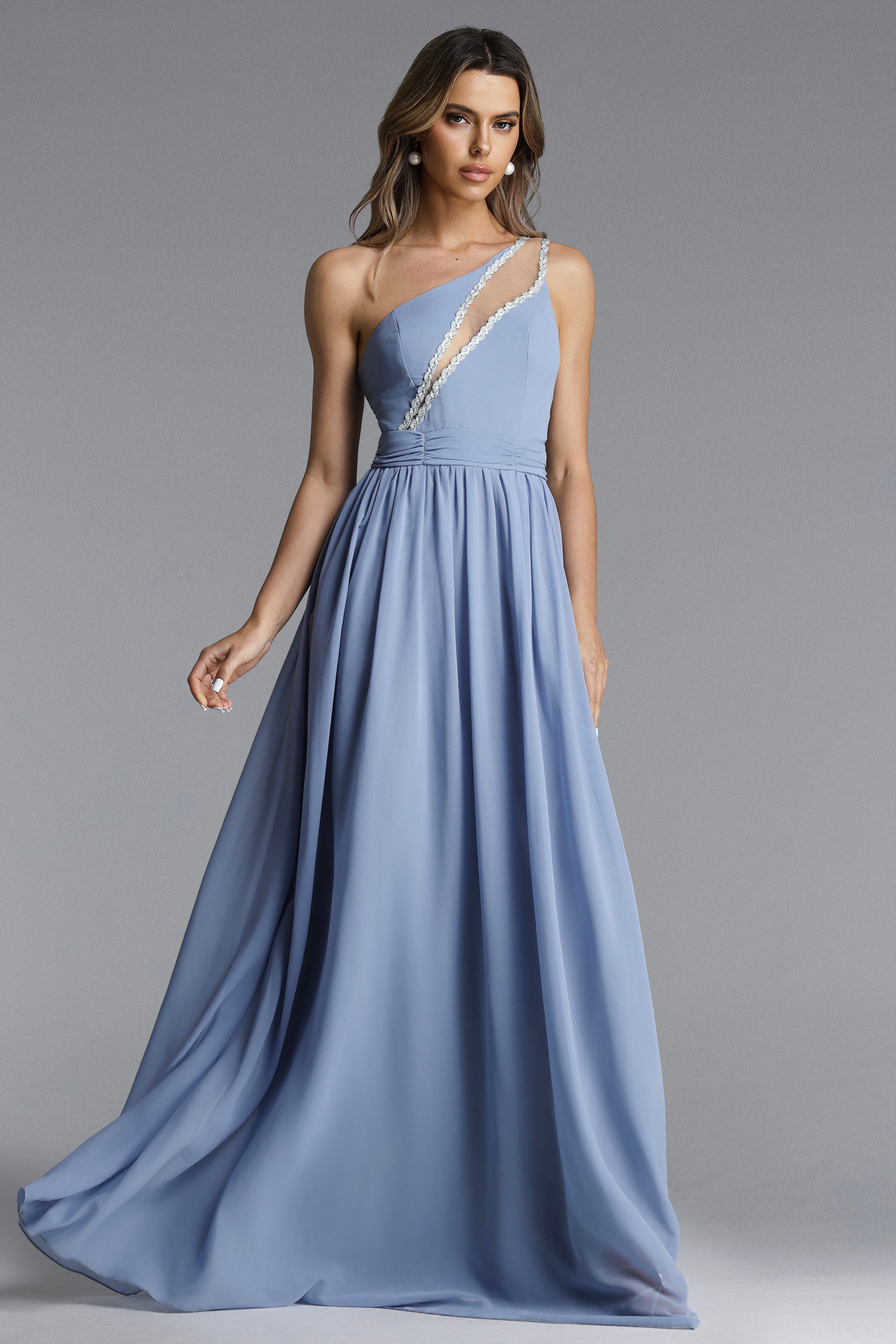 Ereen Elegant Contour One Shoulder Cut Out Pleated Woven Maxi Dress