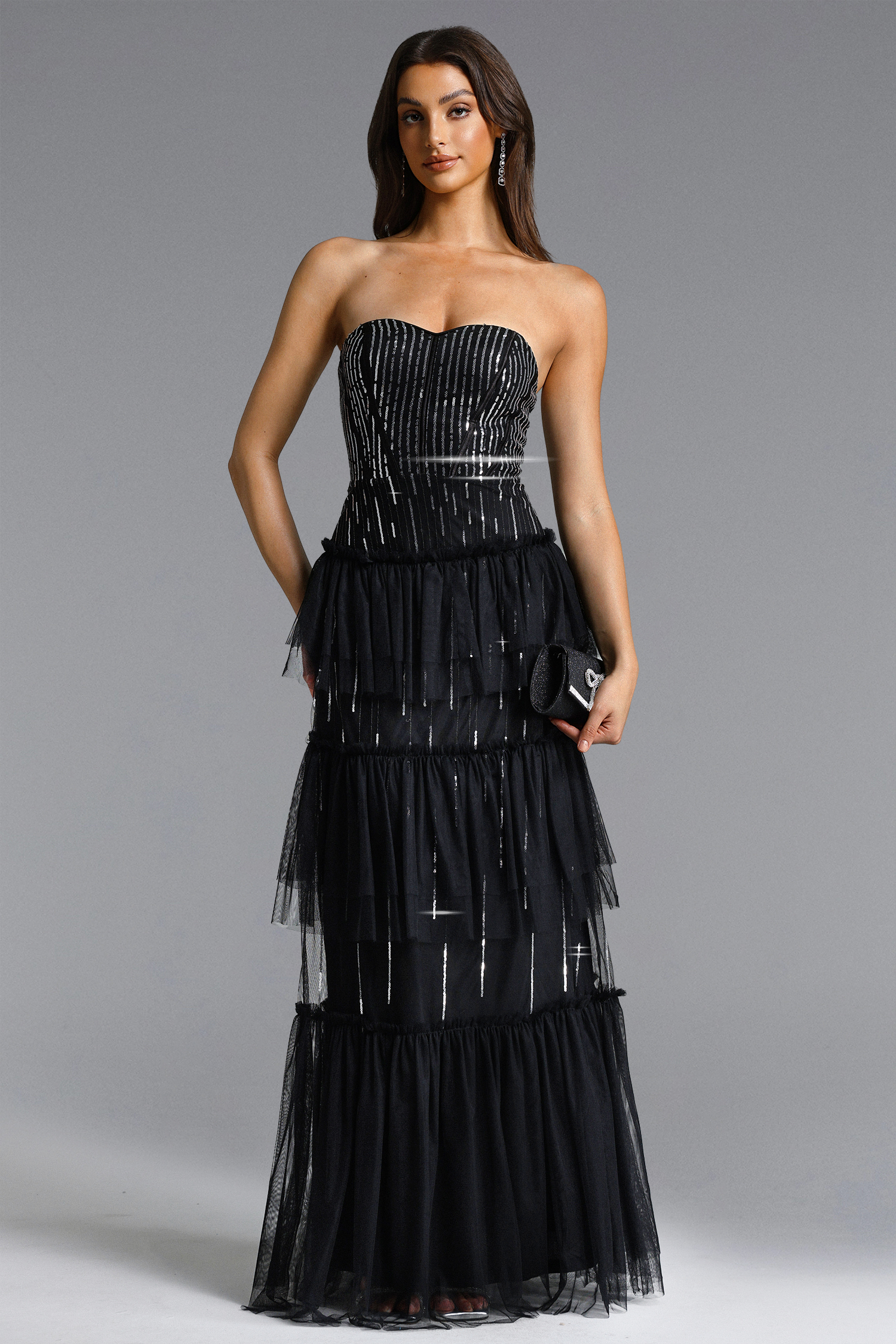 Paomi Chic Contour Strapless Sequin Maxi Dress