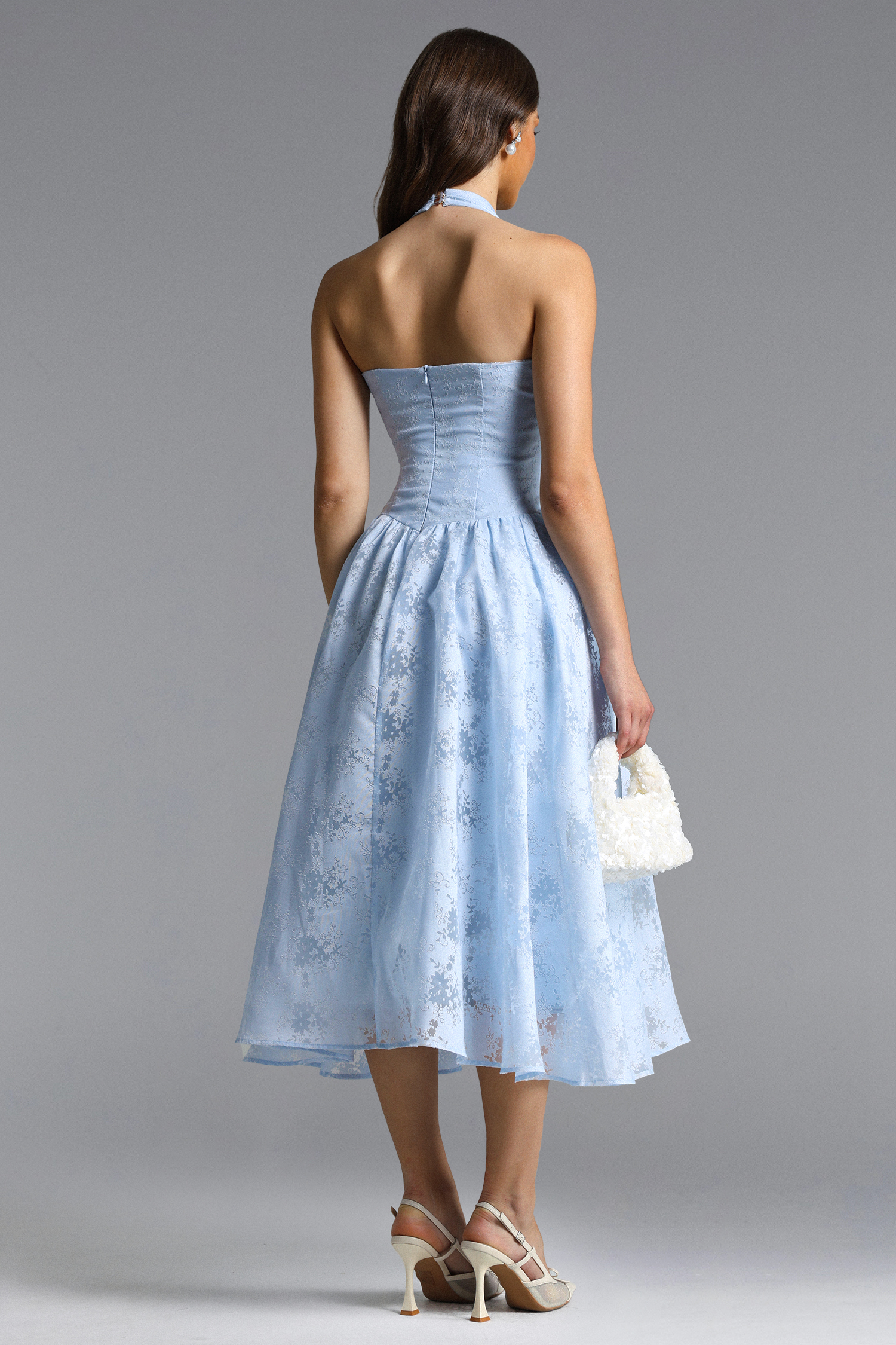 Delaney Romantic Tailored Halter Floral Jacquard Blue Maxi Dress