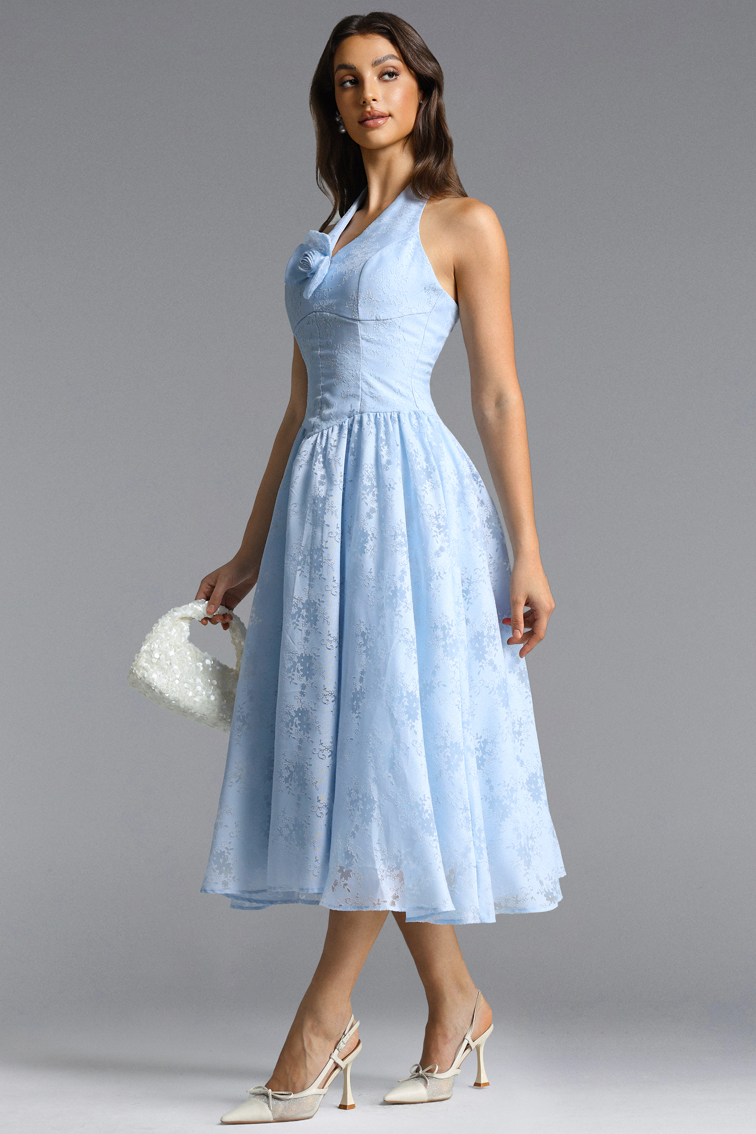 Delaney Romantic Tailored Halter Floral Jacquard Blue Maxi Dress