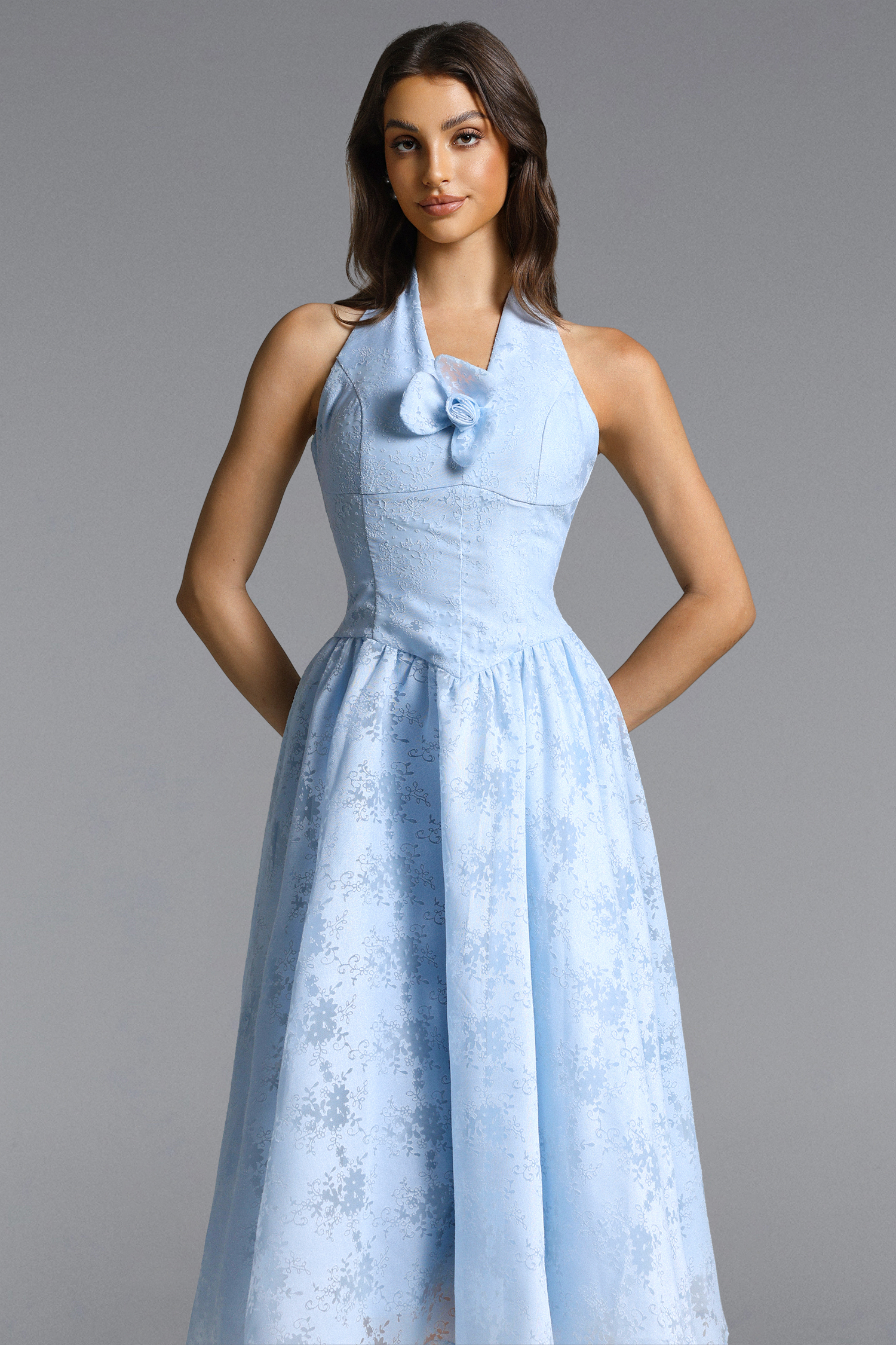 Delaney Romantic Tailored Halter Floral Jacquard Blue Maxi Dress