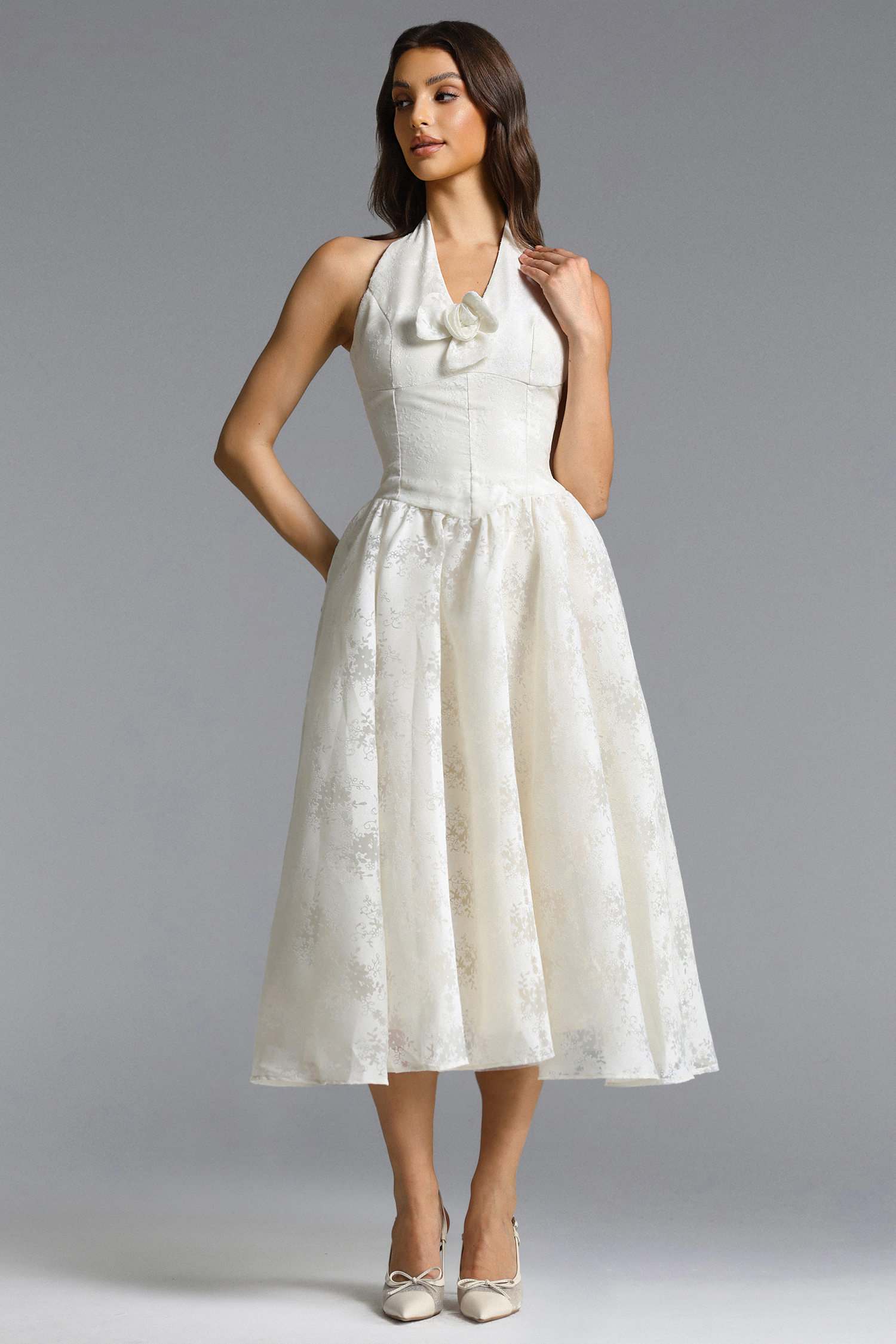 Delaney Romantic Tailored Halter Floral Jacquard White Maxi Dress