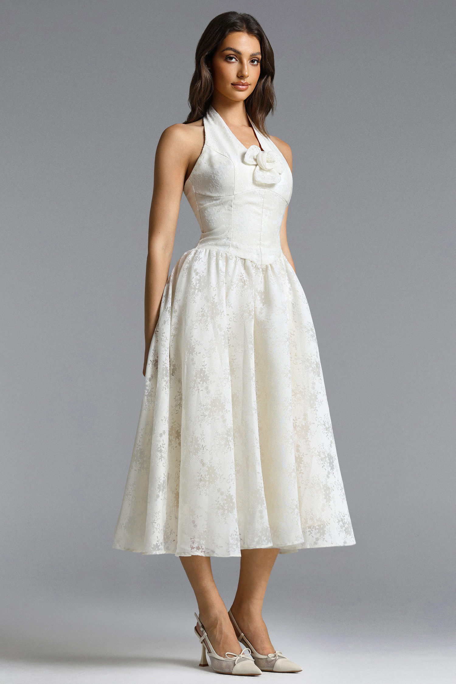 Delaney Romantic Tailored Halter Floral Jacquard White Maxi Dress