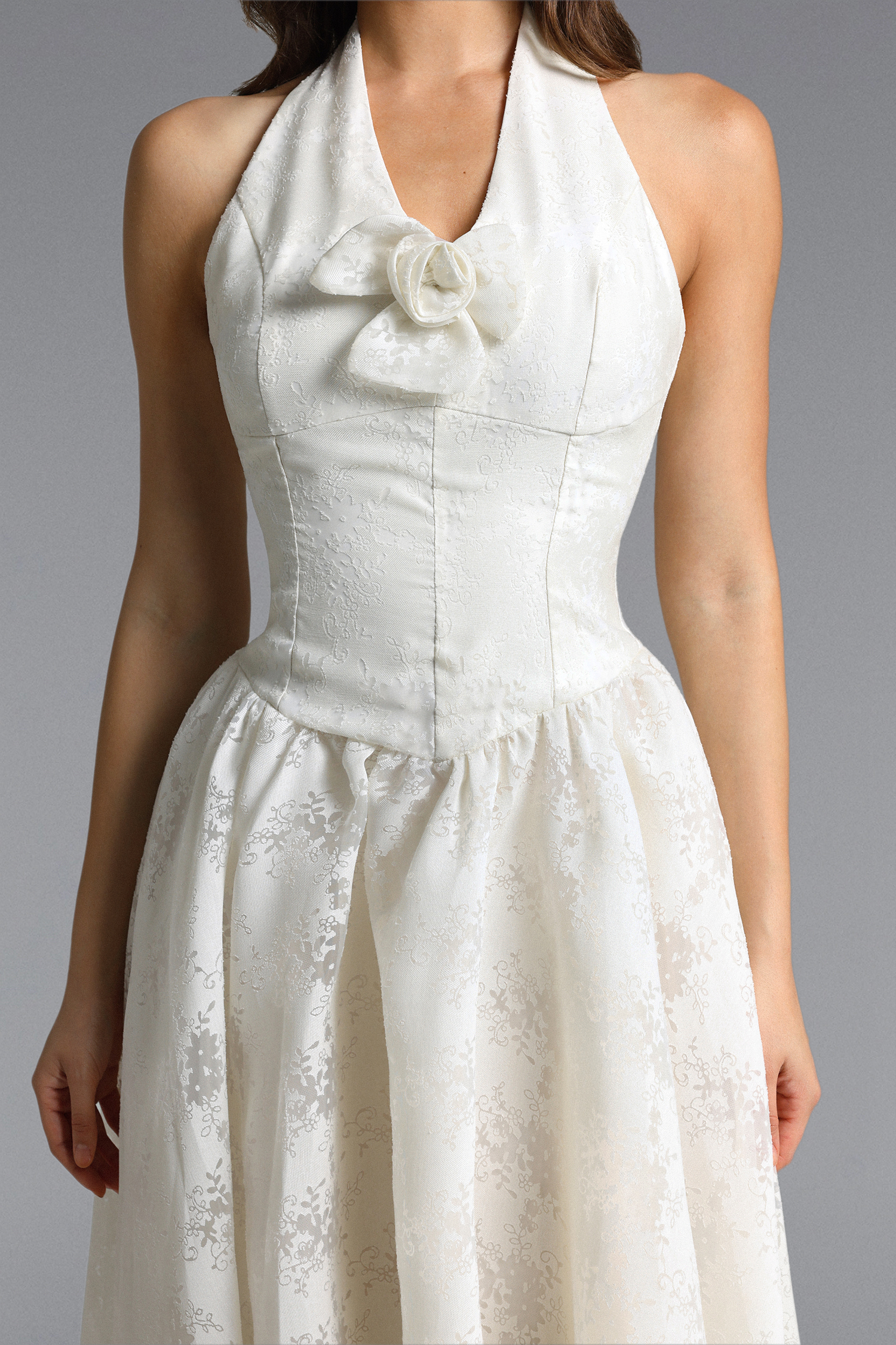 Delaney Romantic Tailored Halter Floral Jacquard White Maxi Dress