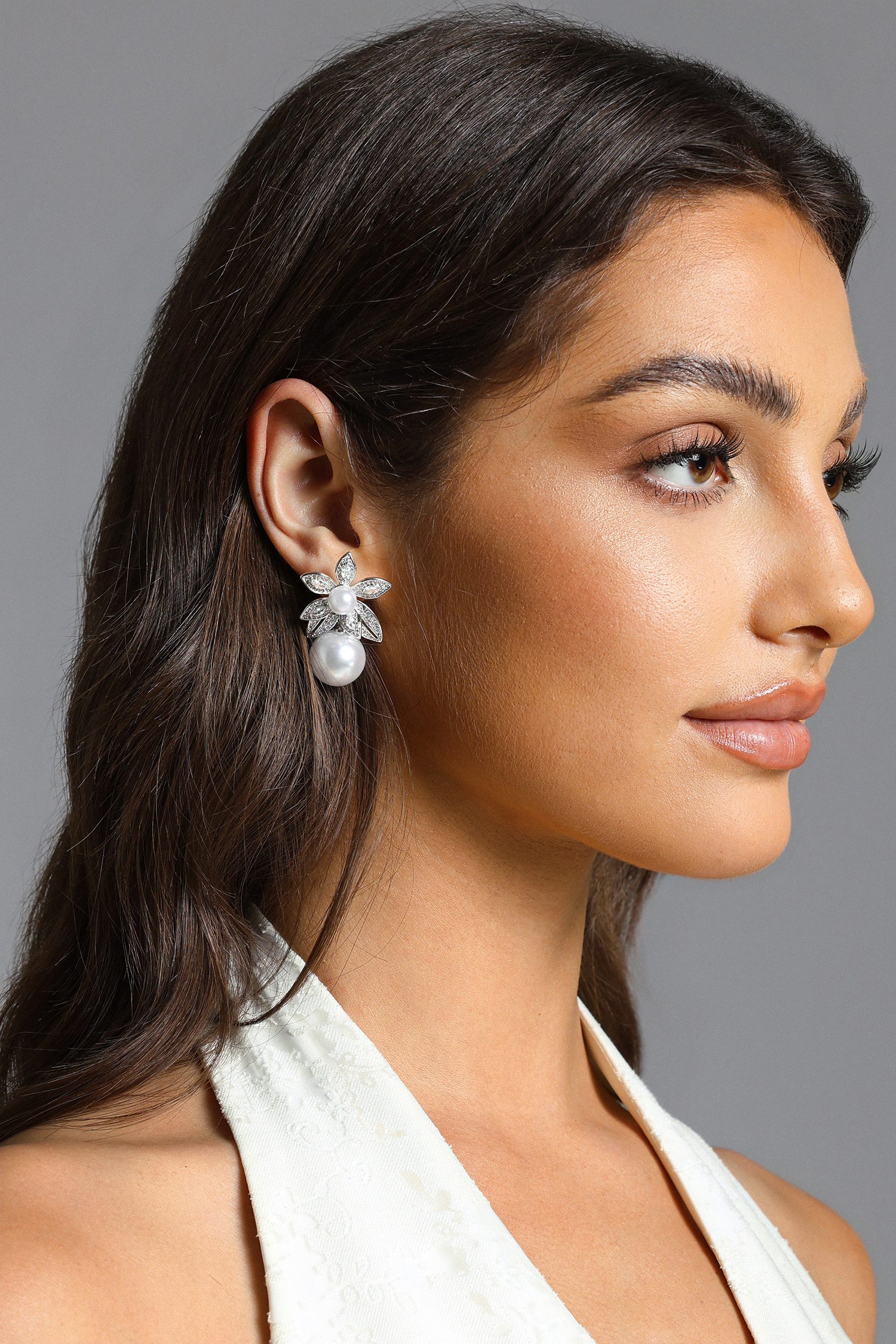 Elaba Flower Pearl Diamond Earrings