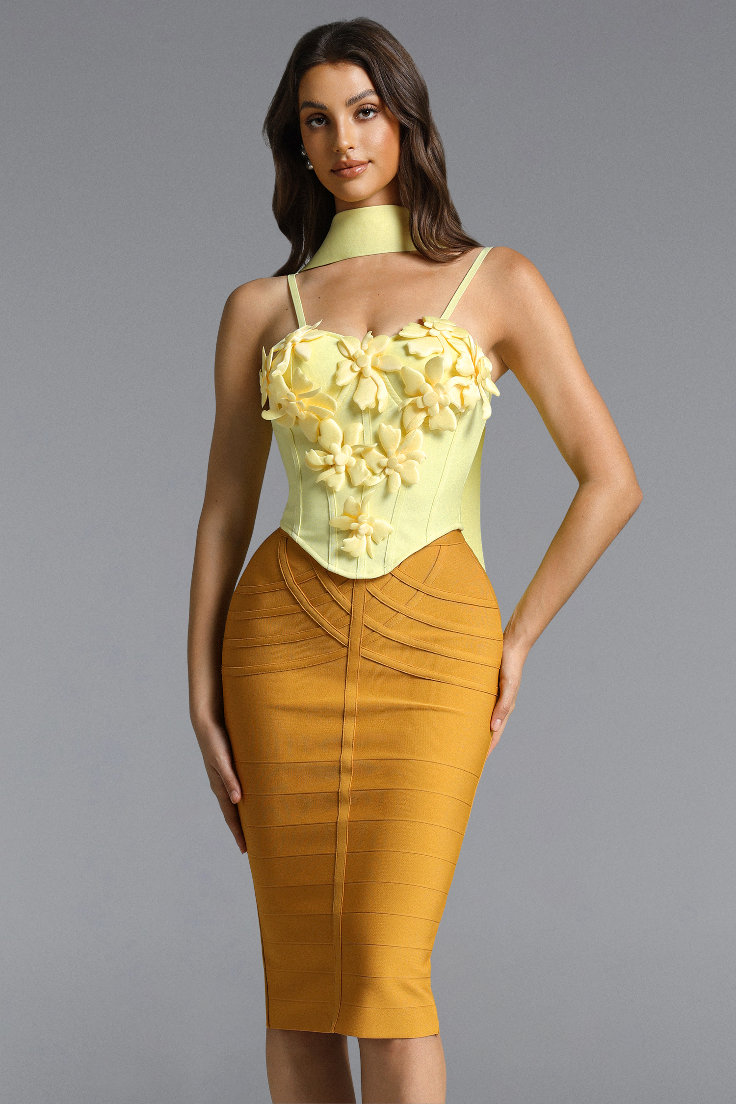 Vara Classic Contour Stripe Bandage Yellow Midi Skirt