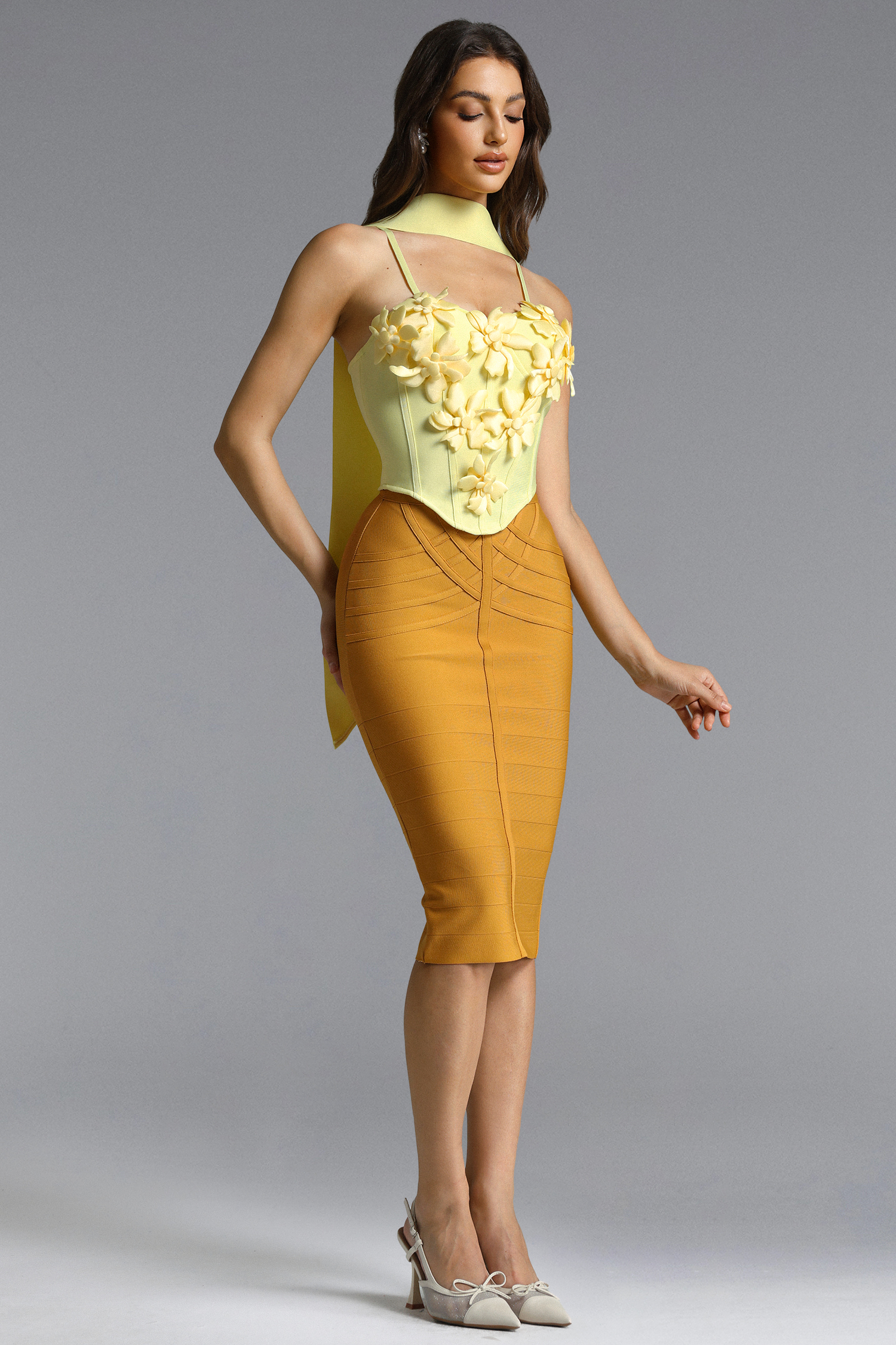 Vara Classic Contour Stripe Bandage Yellow Midi Skirt