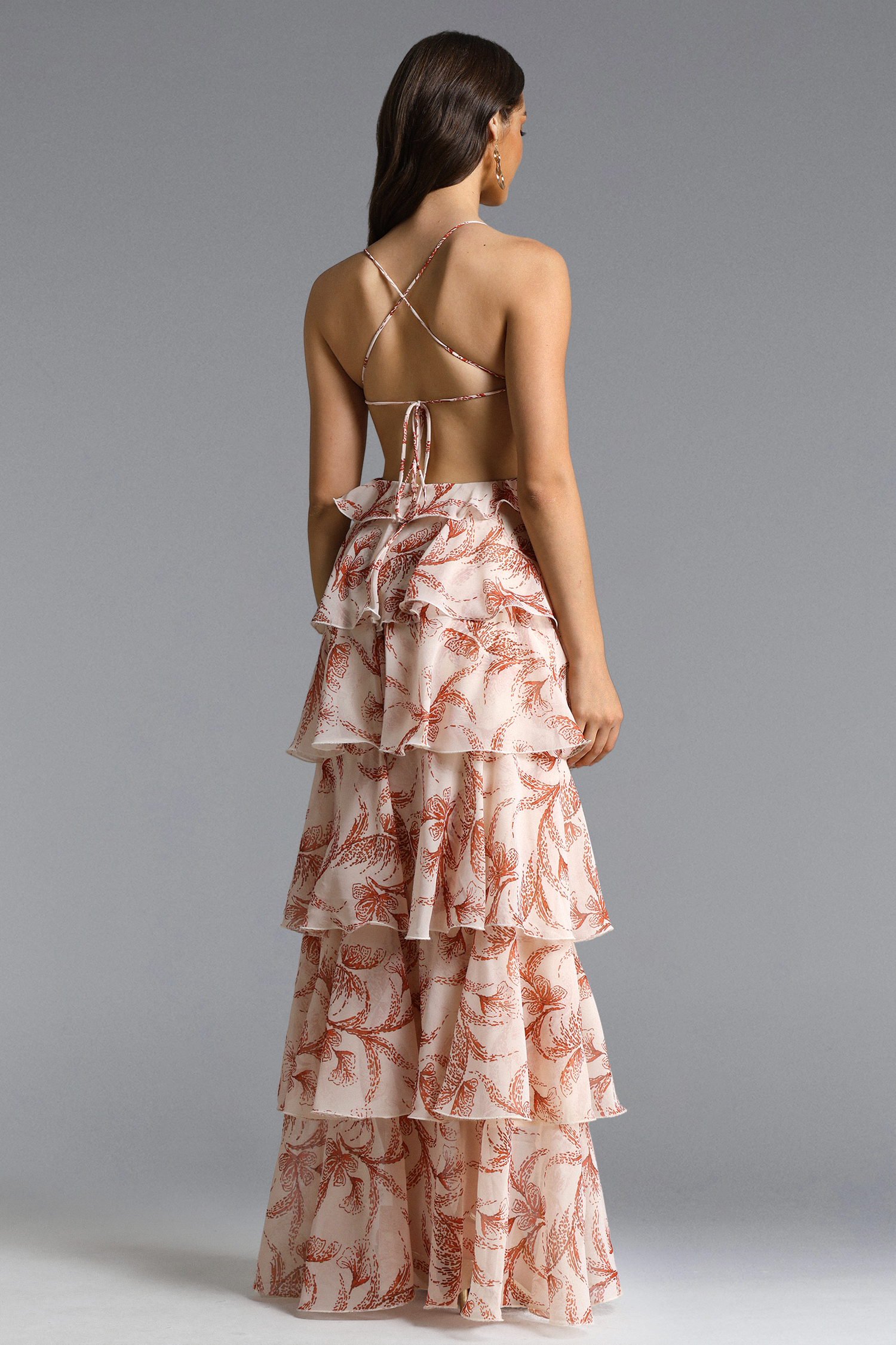 Valerie Romantic Flowy Halter Ruffle Sequin Print Maxi Dress