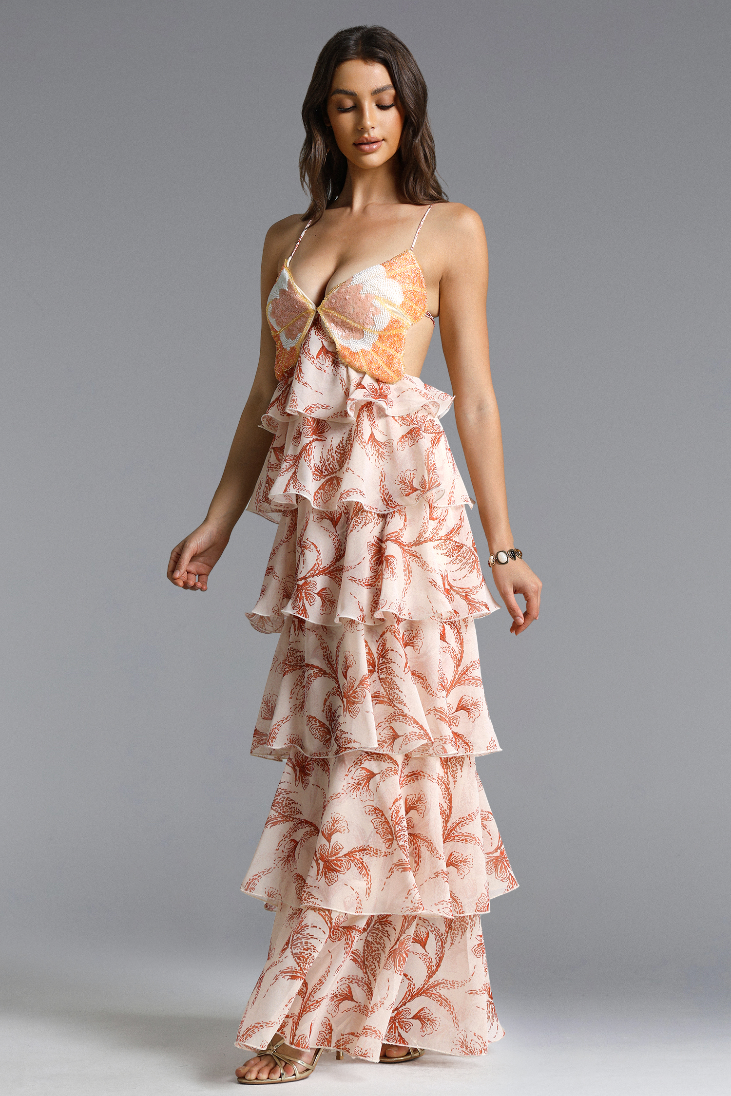 Valerie Romantic Flowy Halter Ruffle Sequin Print Maxi Dress