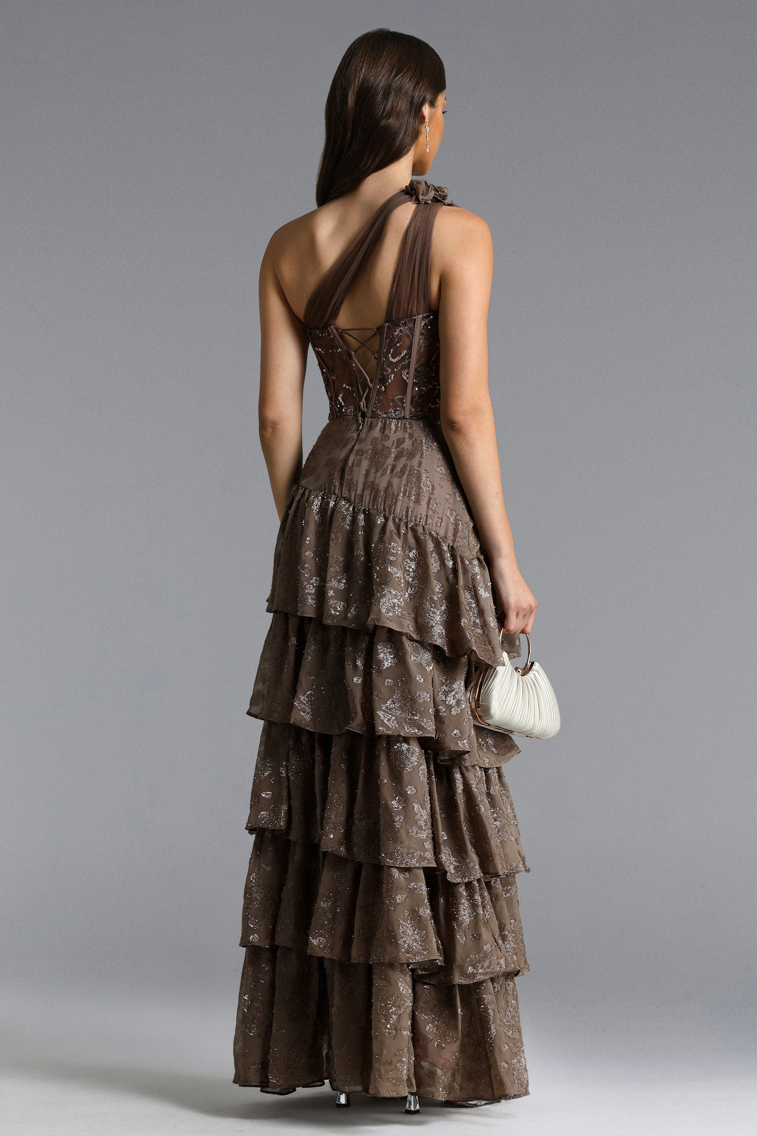 Hedar Romantic Tailored One Shoulder Cut Out Ruffle Embellished Sequin Maxi Dress