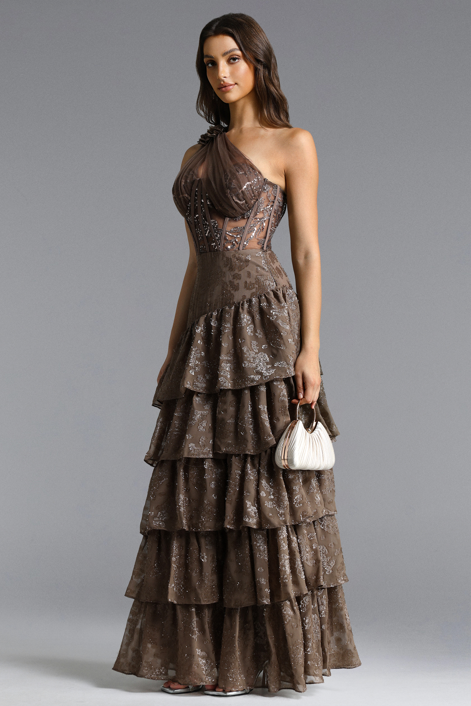 Hedar Romantic Tailored One Shoulder Cut Out Ruffle Embellished Sequin Maxi Dress