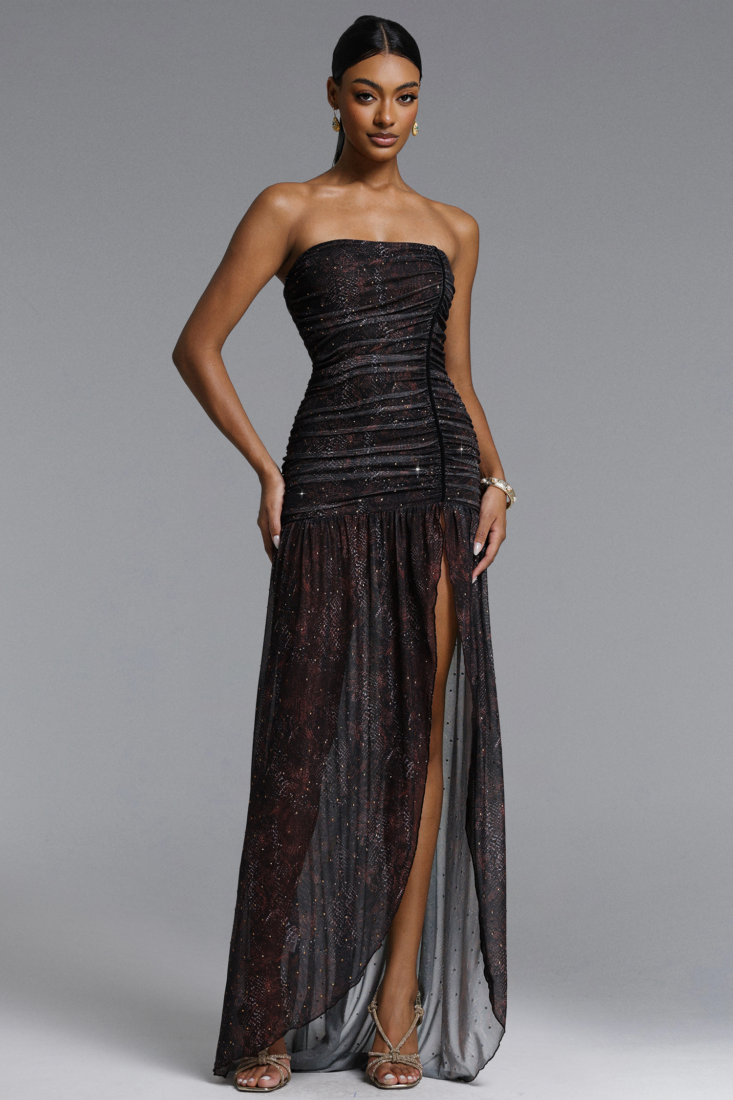 Tamarah Chic Contour Strapless Ruched Print High Slit Maxi Dress