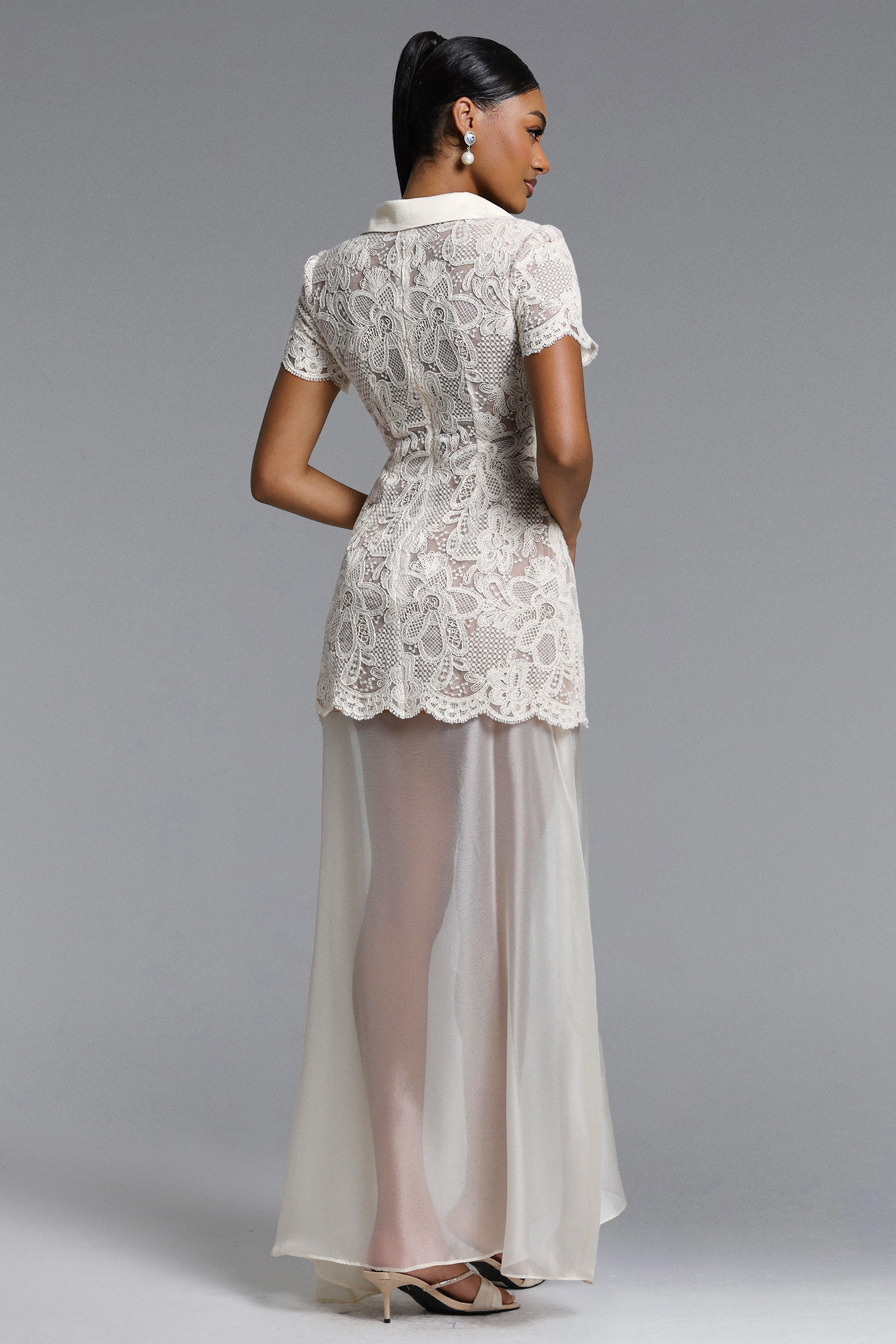 Locia Elegant Contour Buttoned Short Sleeve Lace Top and Satin Skirt