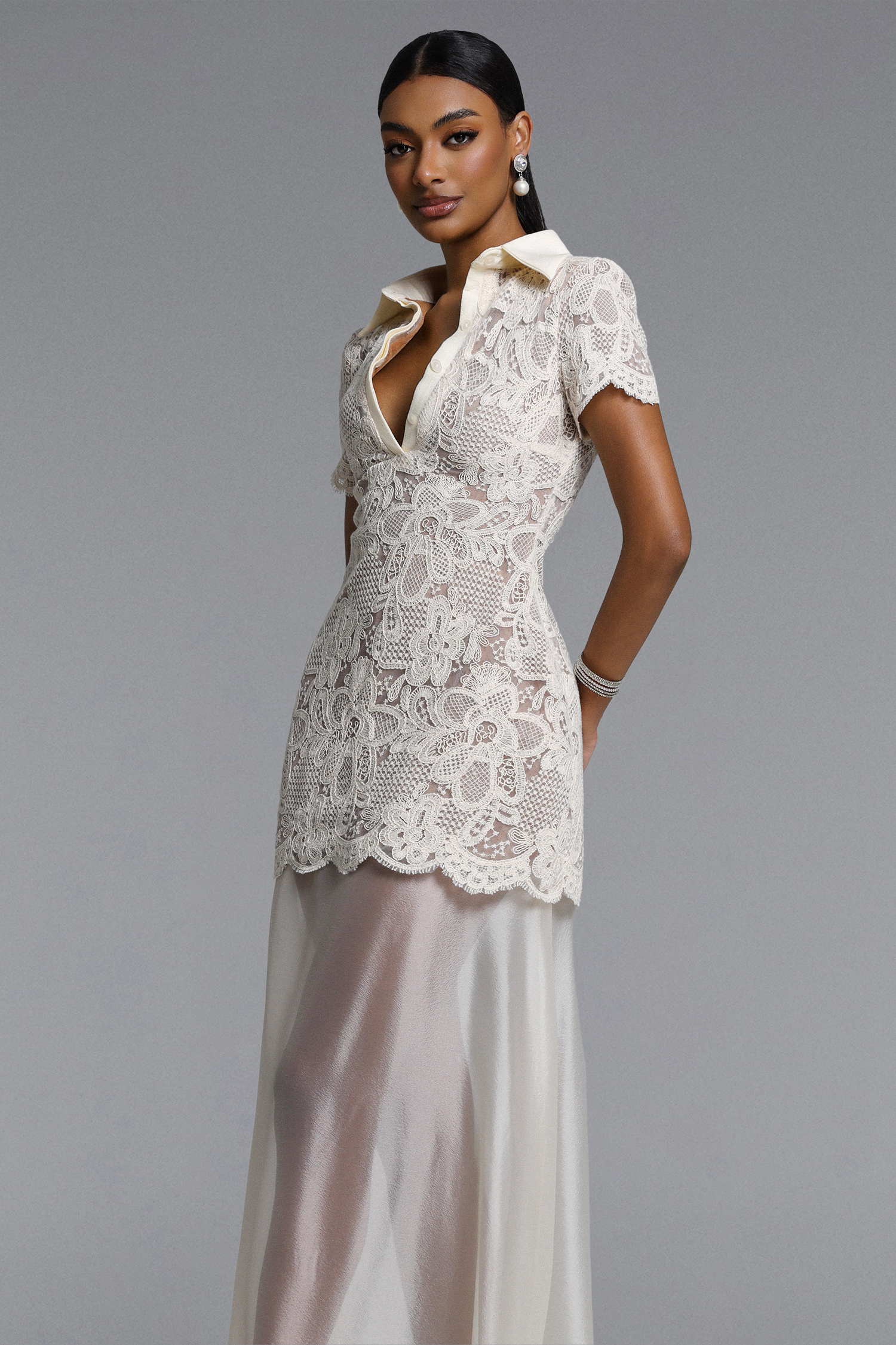 Locia Elegant Contour Buttoned Short Sleeve Lace Top and Satin Skirt