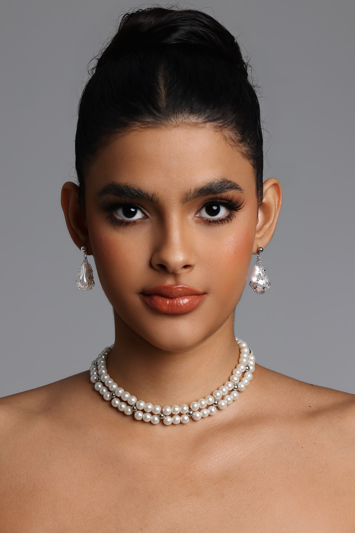 Pinky Net Wrapped  Pearl Drop Earrings