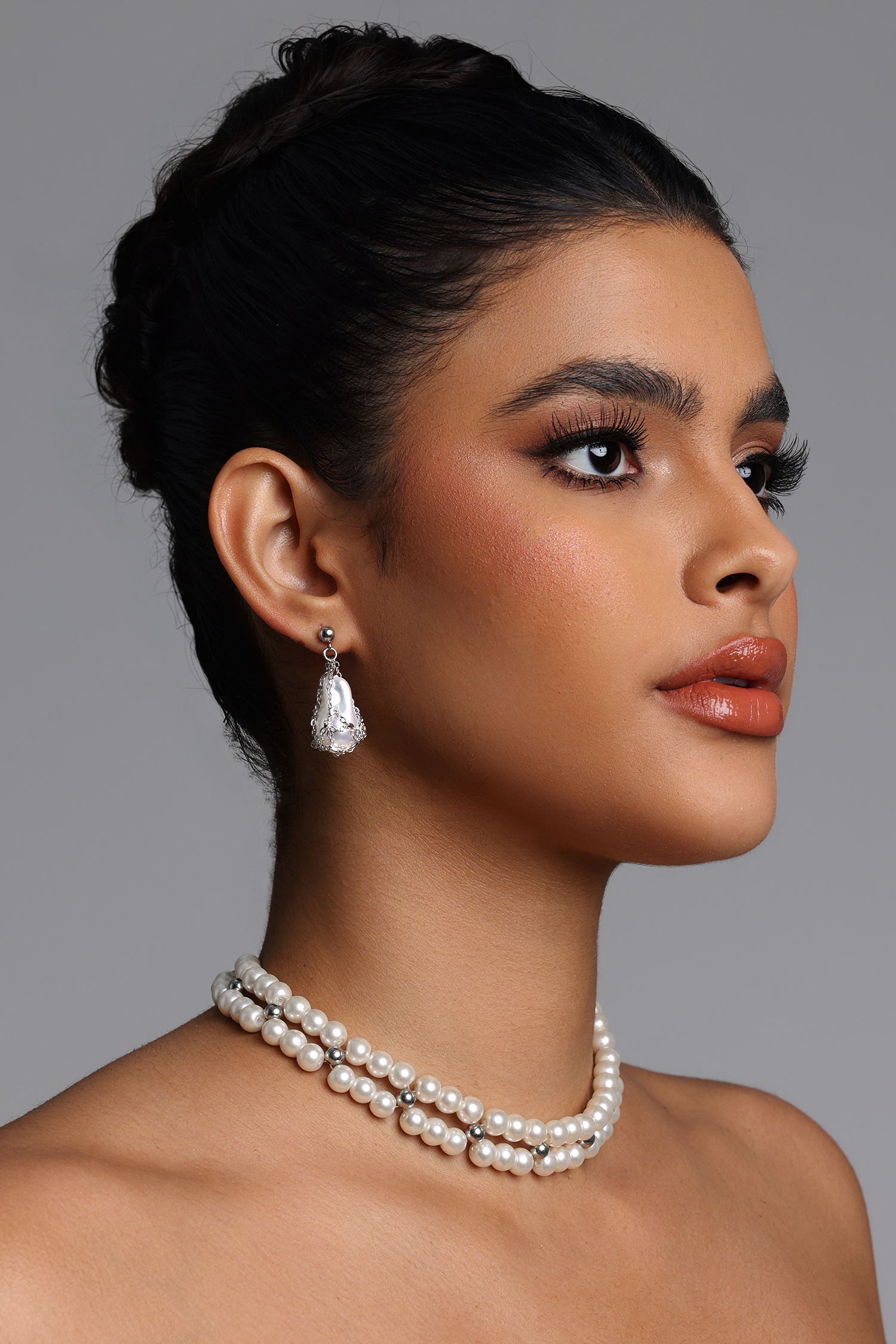 Pinky Net Wrapped  Pearl Drop Earrings