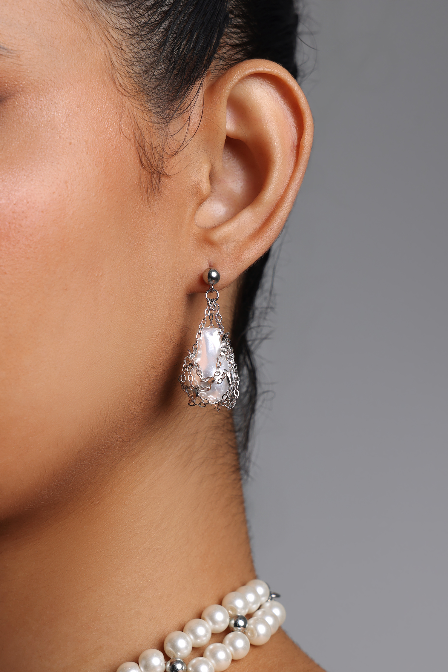 Pinky Net Wrapped  Pearl Drop Earrings
