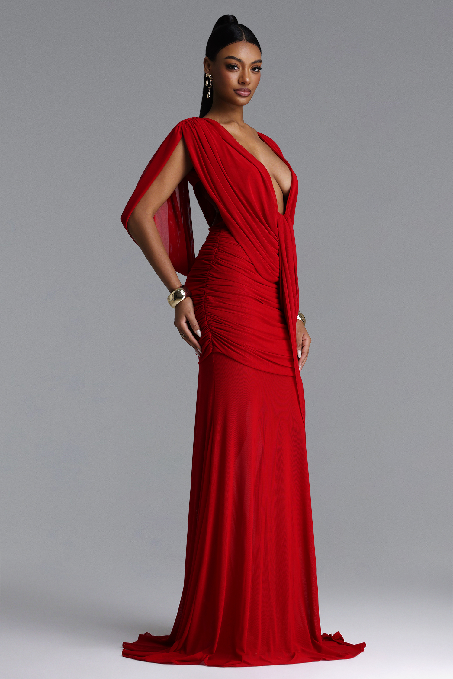 Glenda Chic Contour Ruched Drape Knit Red Maxi Dress