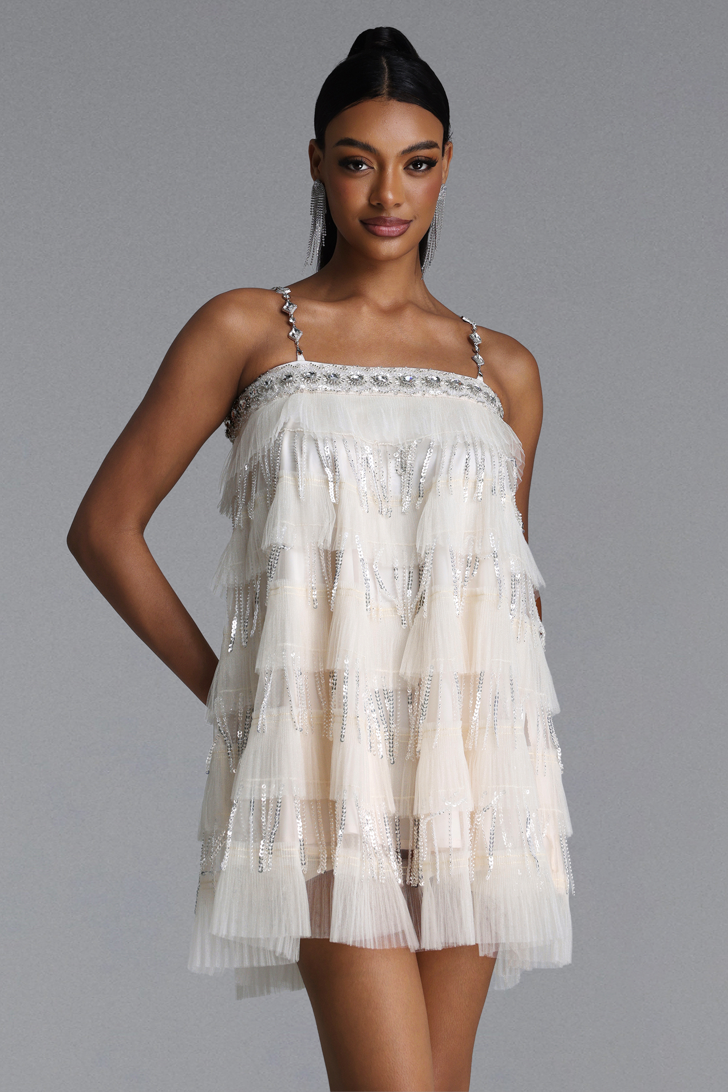 Iana Romantic Flowy Tiered Ruffle Sequin Fringe Rhinestone Mini Dress