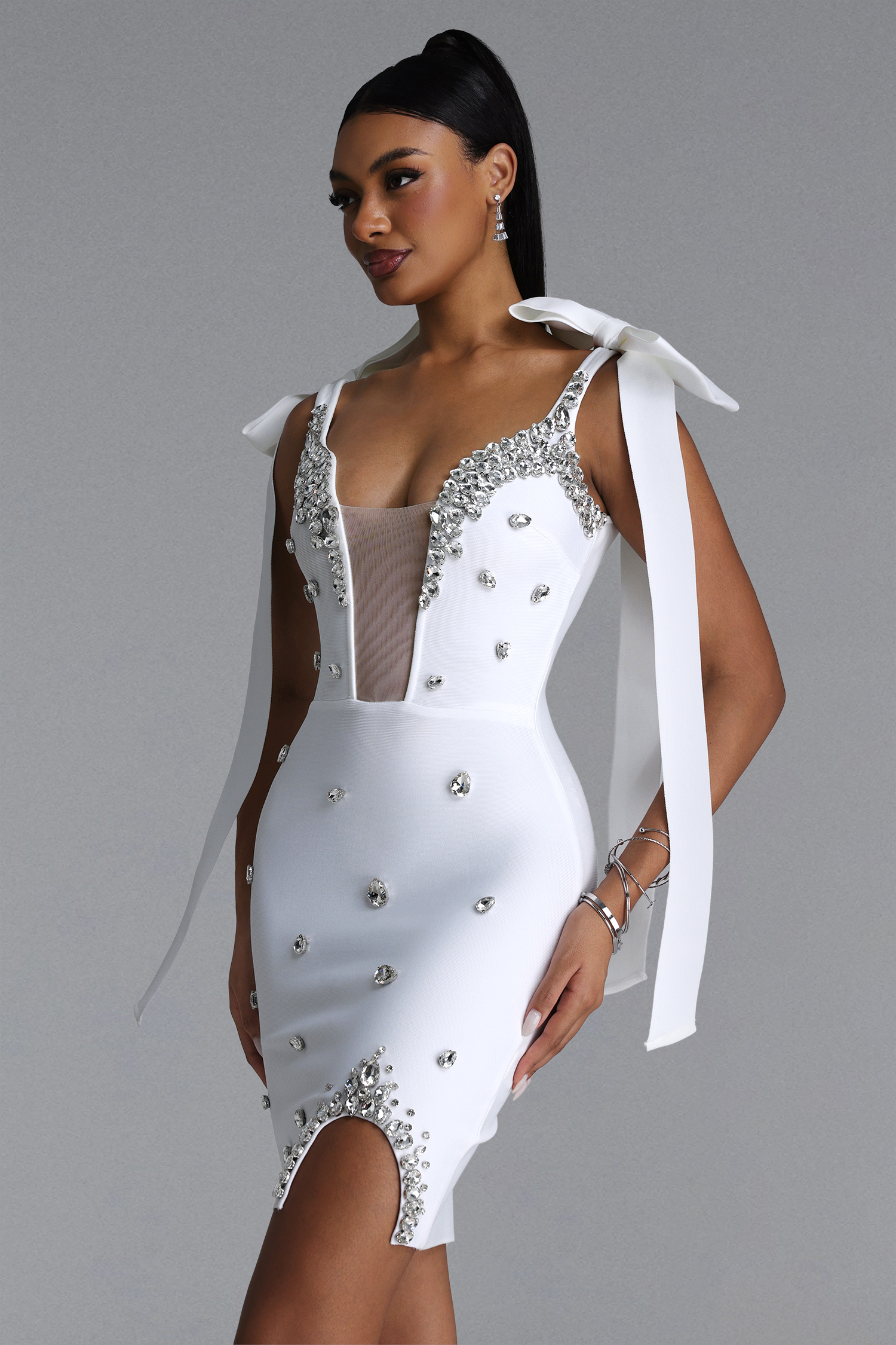 Zatte Sexy Contour Bow Strap Rhinestone Bandage White Mini Dress
