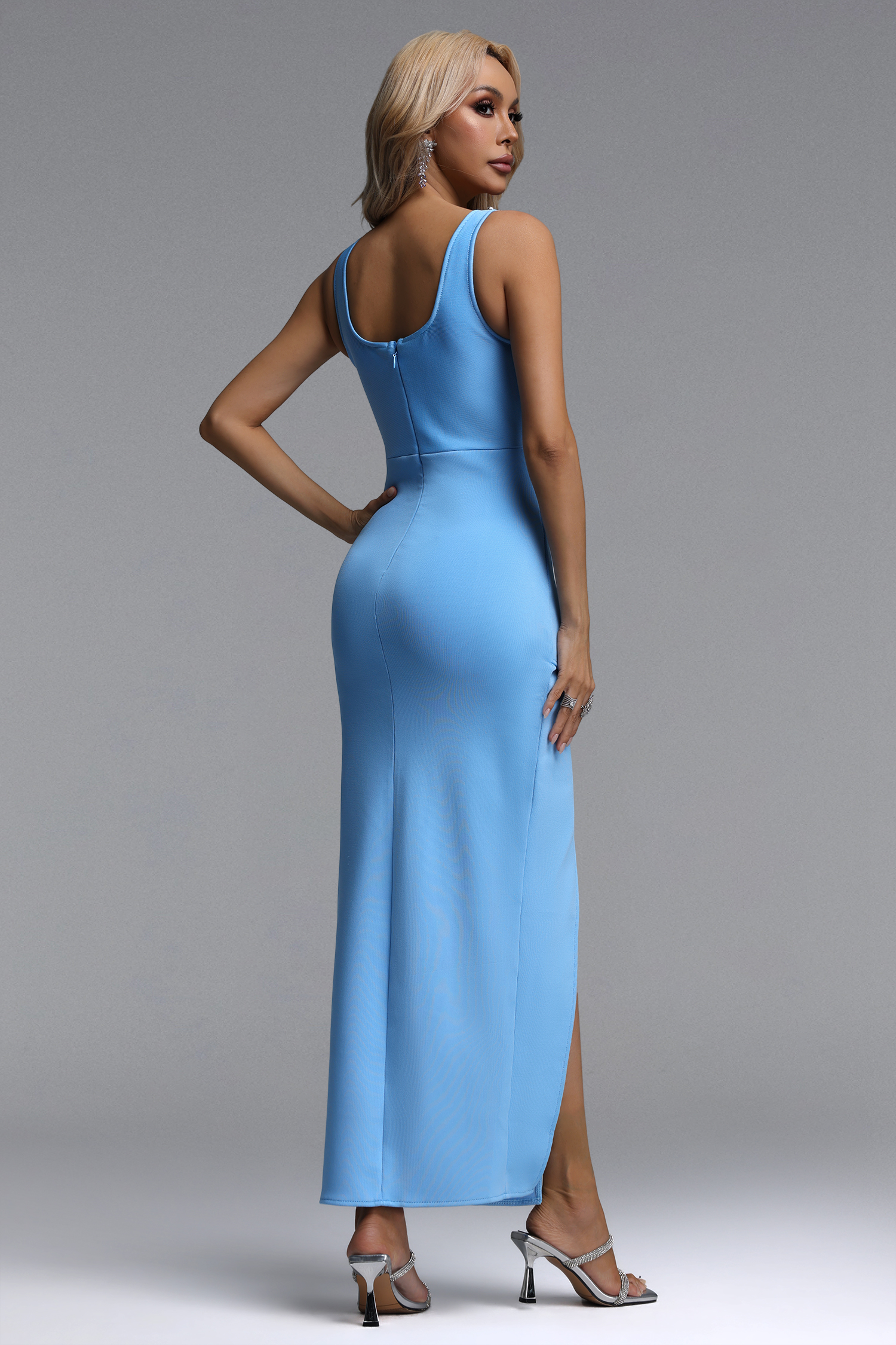 Luysa Glamorous Tailored Rhinestone Pleated Bandage Maxi Dress