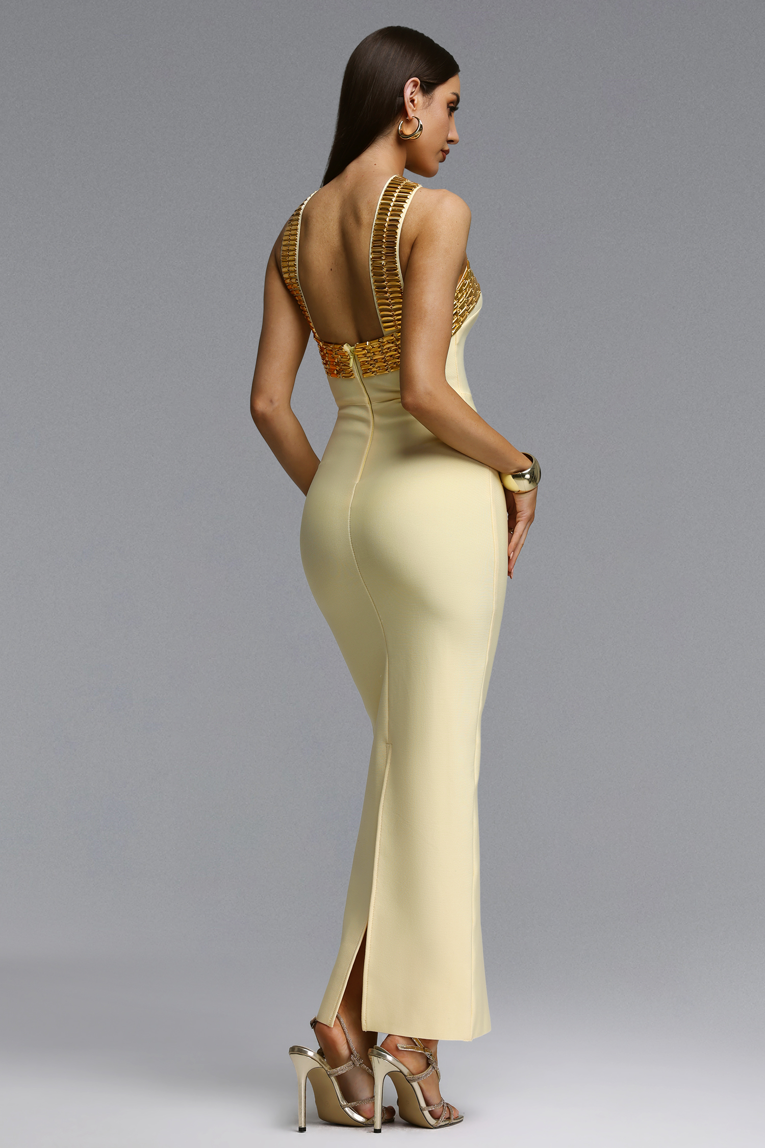 Riza Chic Contour Halter Rhinestone Bandage Yellow Maxi Dress