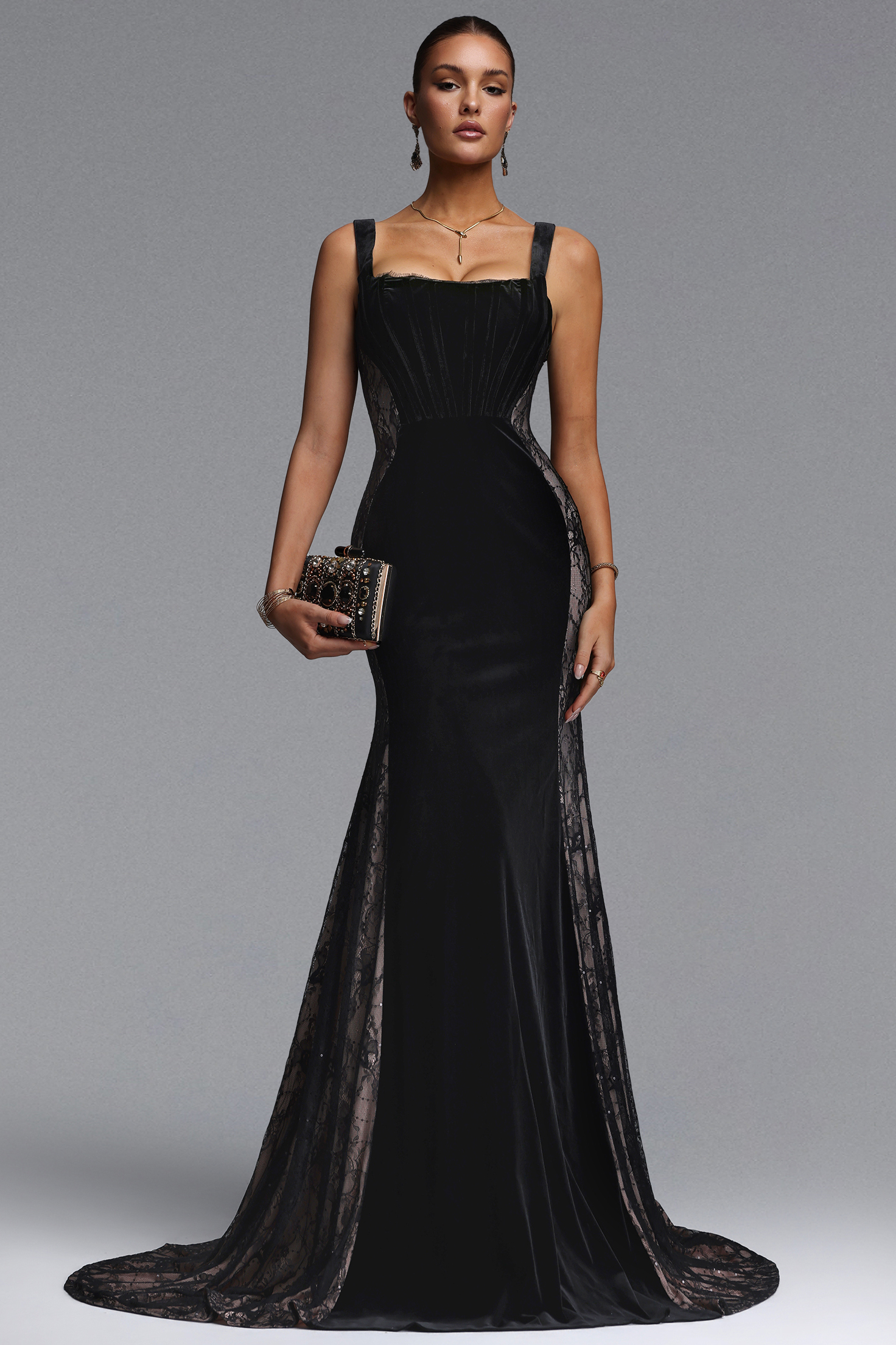 Kavaca Elegant Contour Square Neck Lace Velvet Maxi Dress