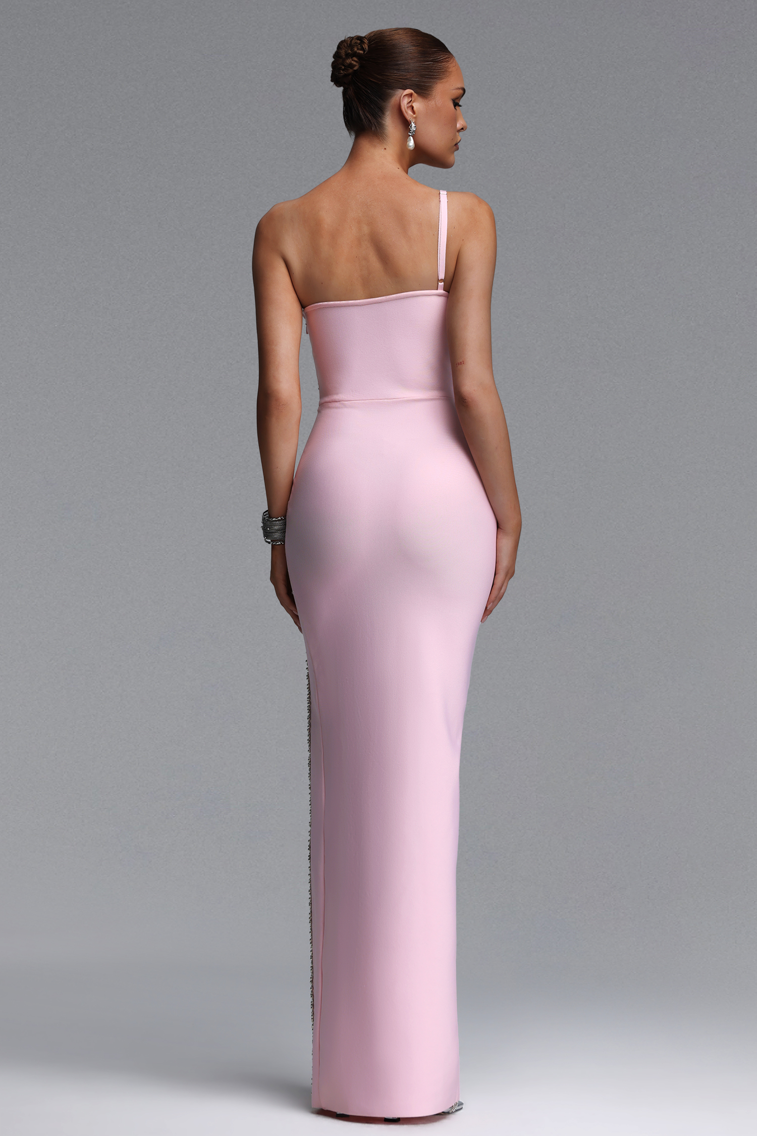 Stolen Chic Contour One Shoulder Crystal Embellished Slit Bandage Maxi Dress