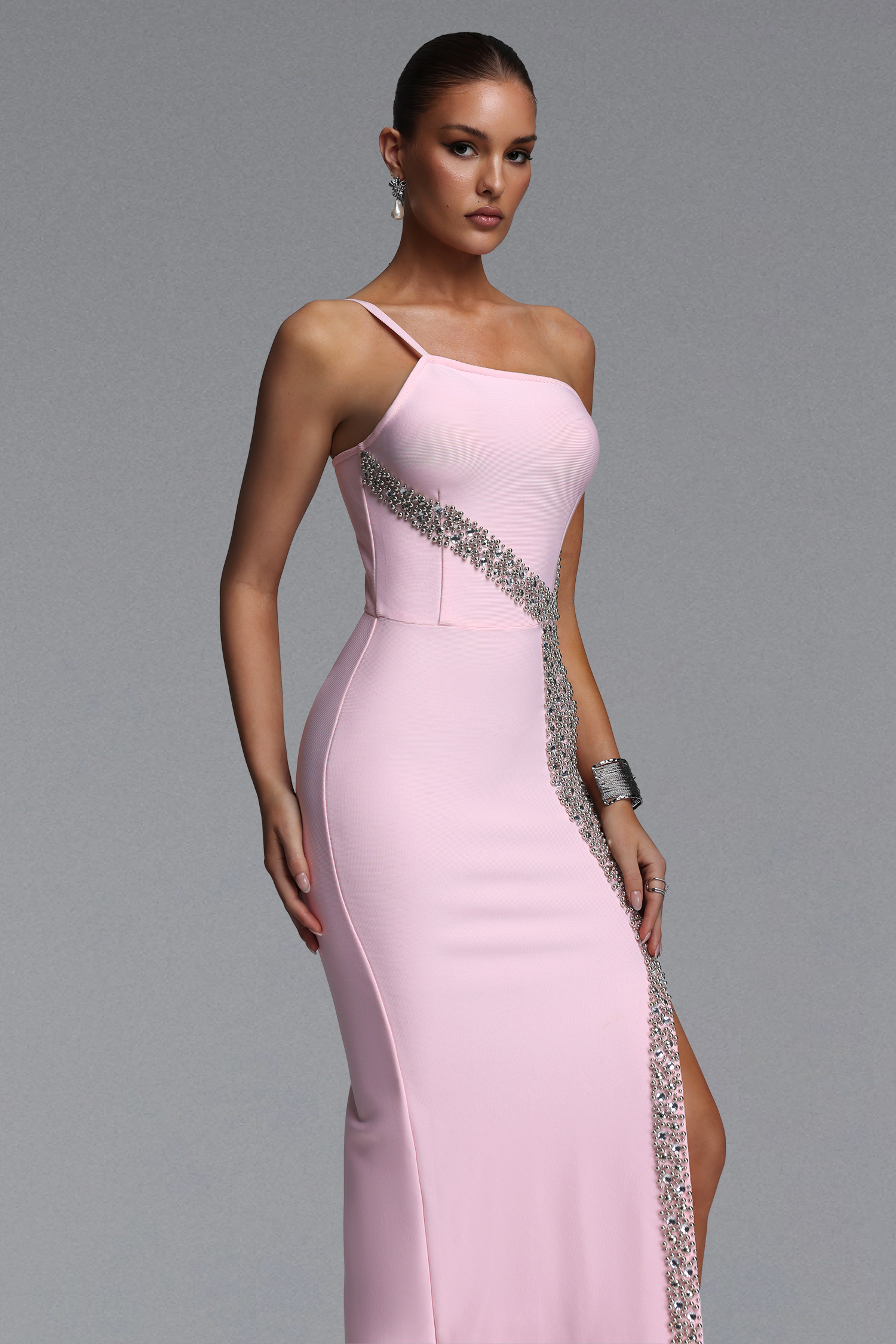 Stolen Chic Contour One Shoulder Crystal Embellished Slit Bandage Maxi Dress