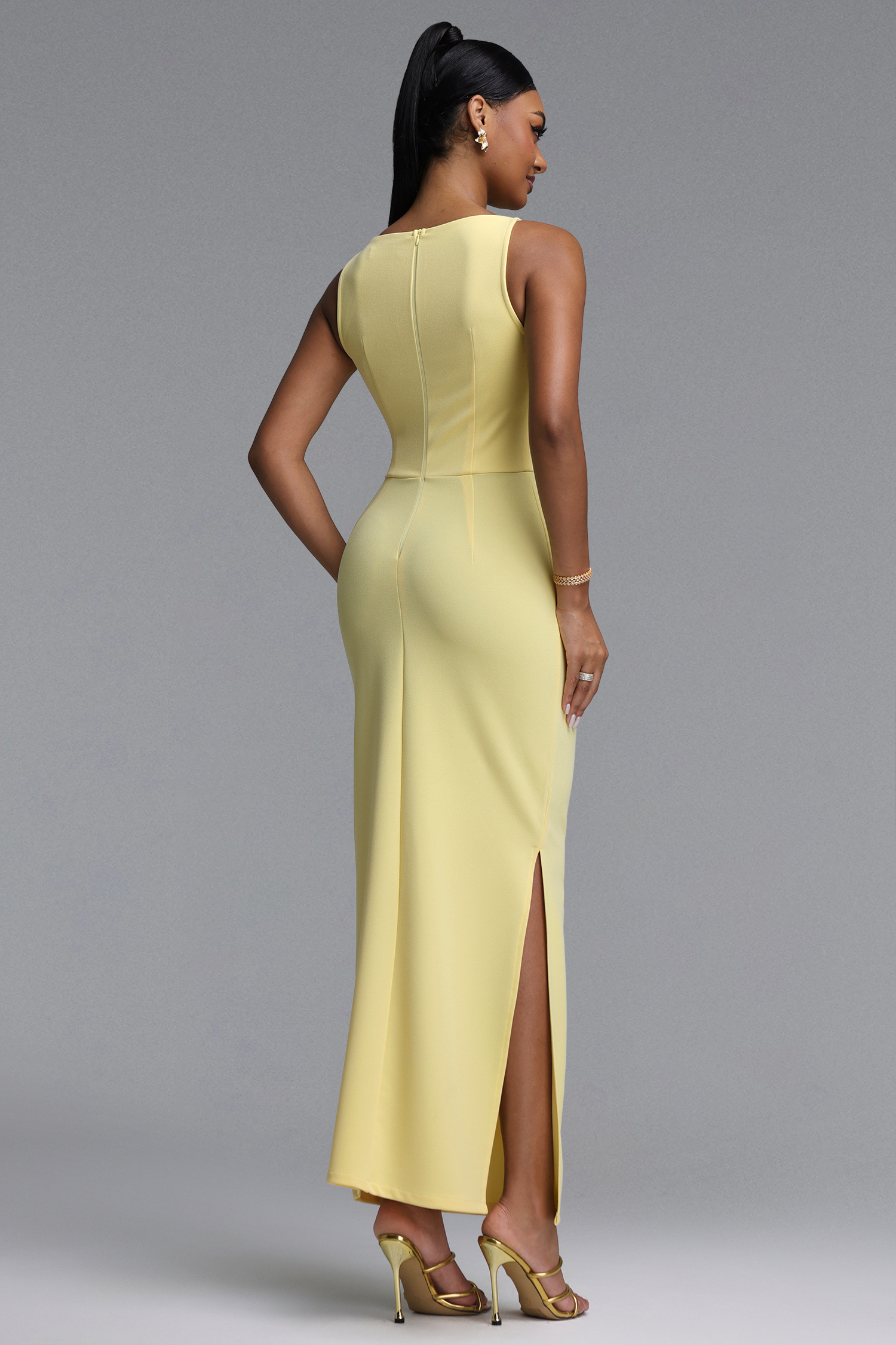 Whitley Elegant Sophisticated Sleeveless Boat Neck Ruched Mermaid Maxi Dress