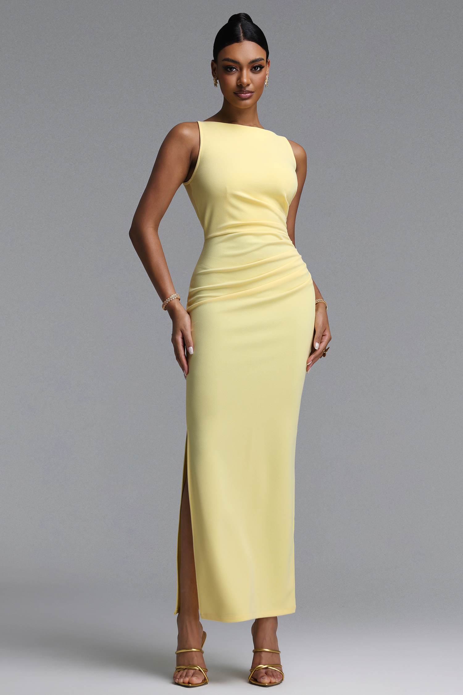 Whitley Elegant Sophisticated Sleeveless Boat Neck Ruched Mermaid Maxi Dress