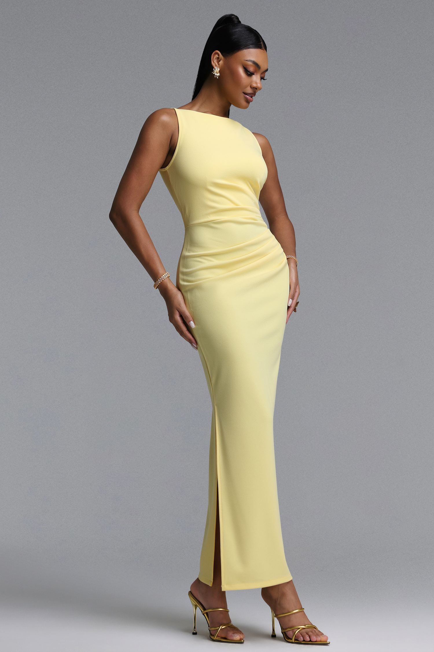 Whitley Elegant Sophisticated Sleeveless Boat Neck Ruched Mermaid Maxi Dress