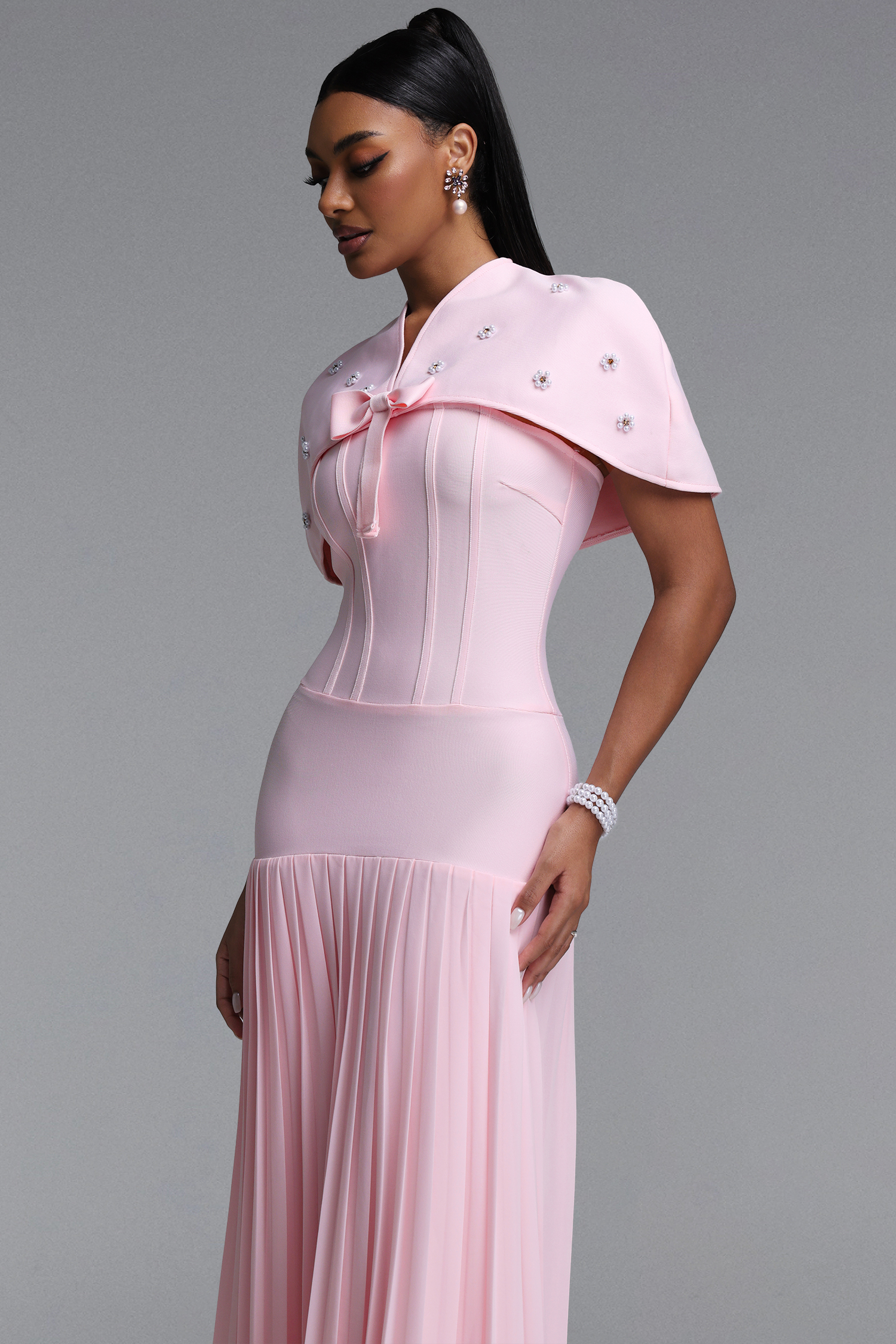 Devere Elegant Sophisticated Cape Style Pleated Bandge Maxi Dress