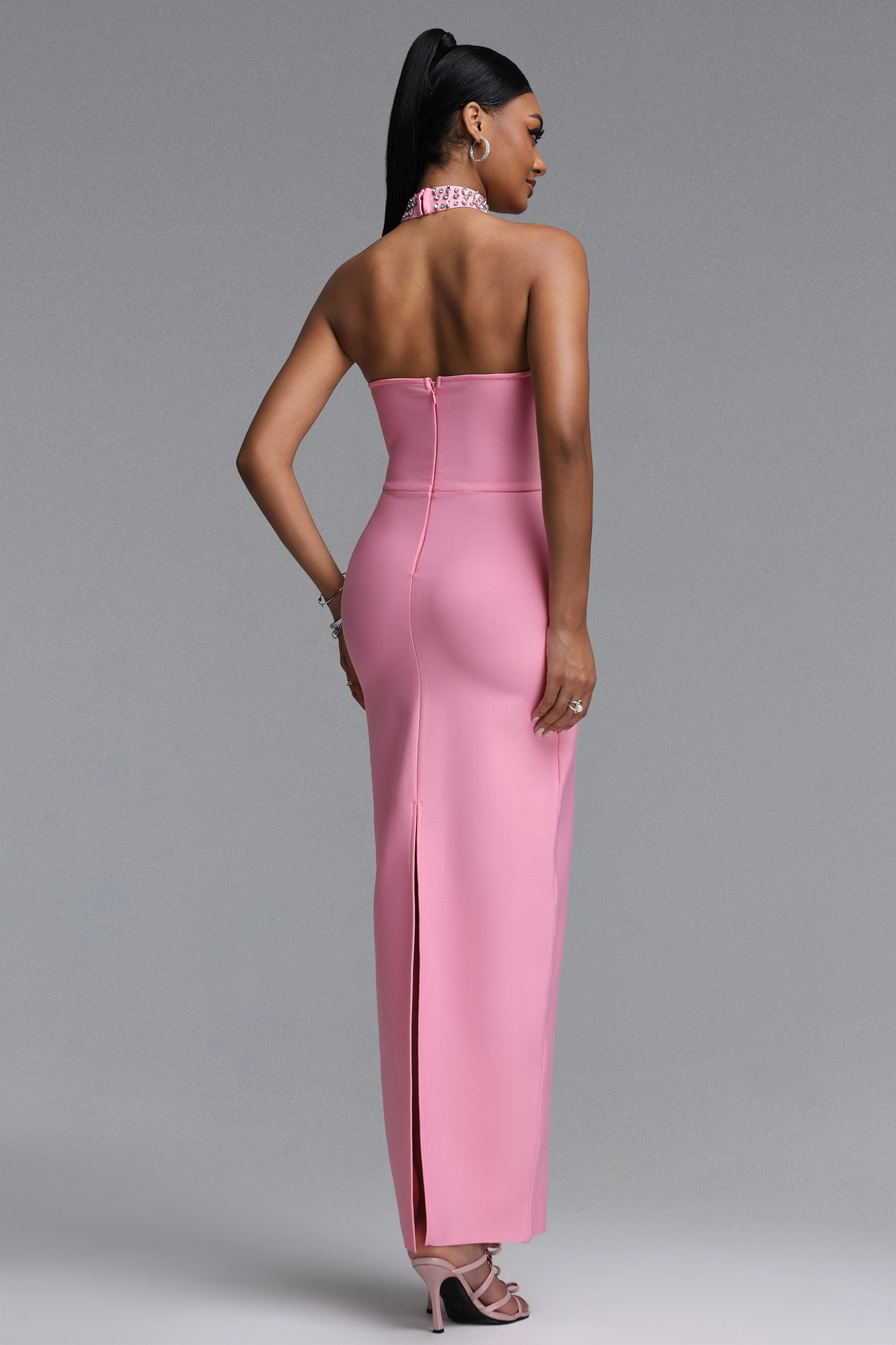 Maggie Elegant Fitted Halter Neck Rhinestone Trim Bandage Maxi Dress