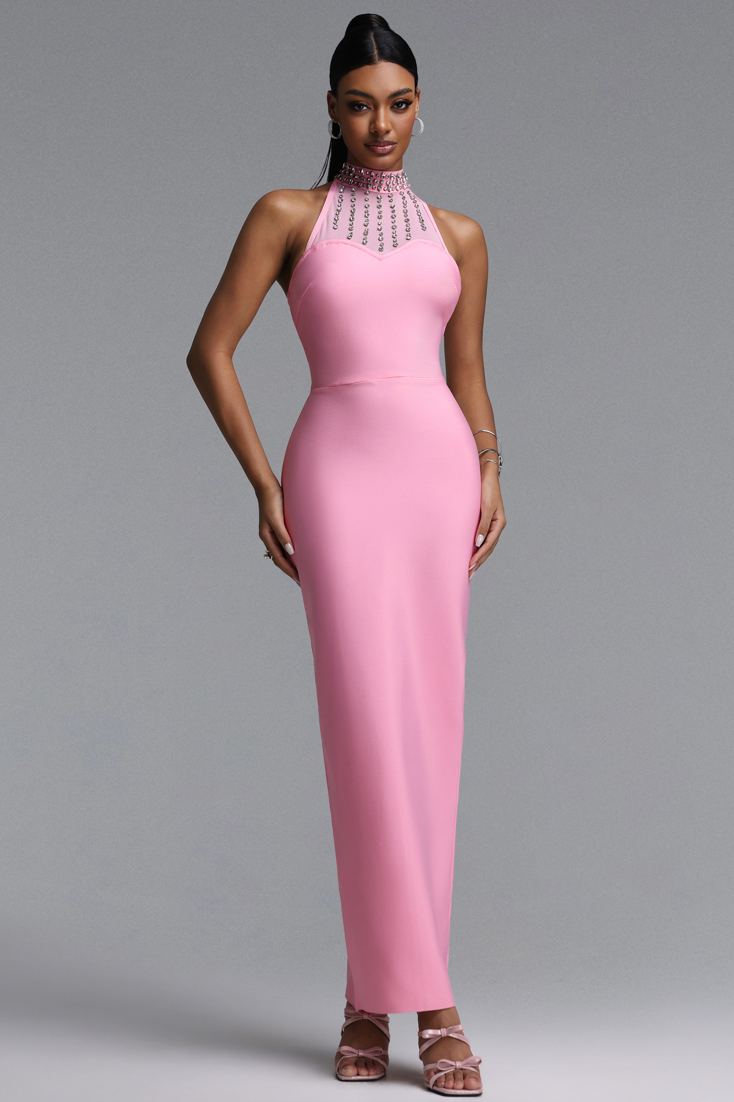 Maggie Elegant Fitted Halter Neck Rhinestone Trim Bandage Maxi Dress