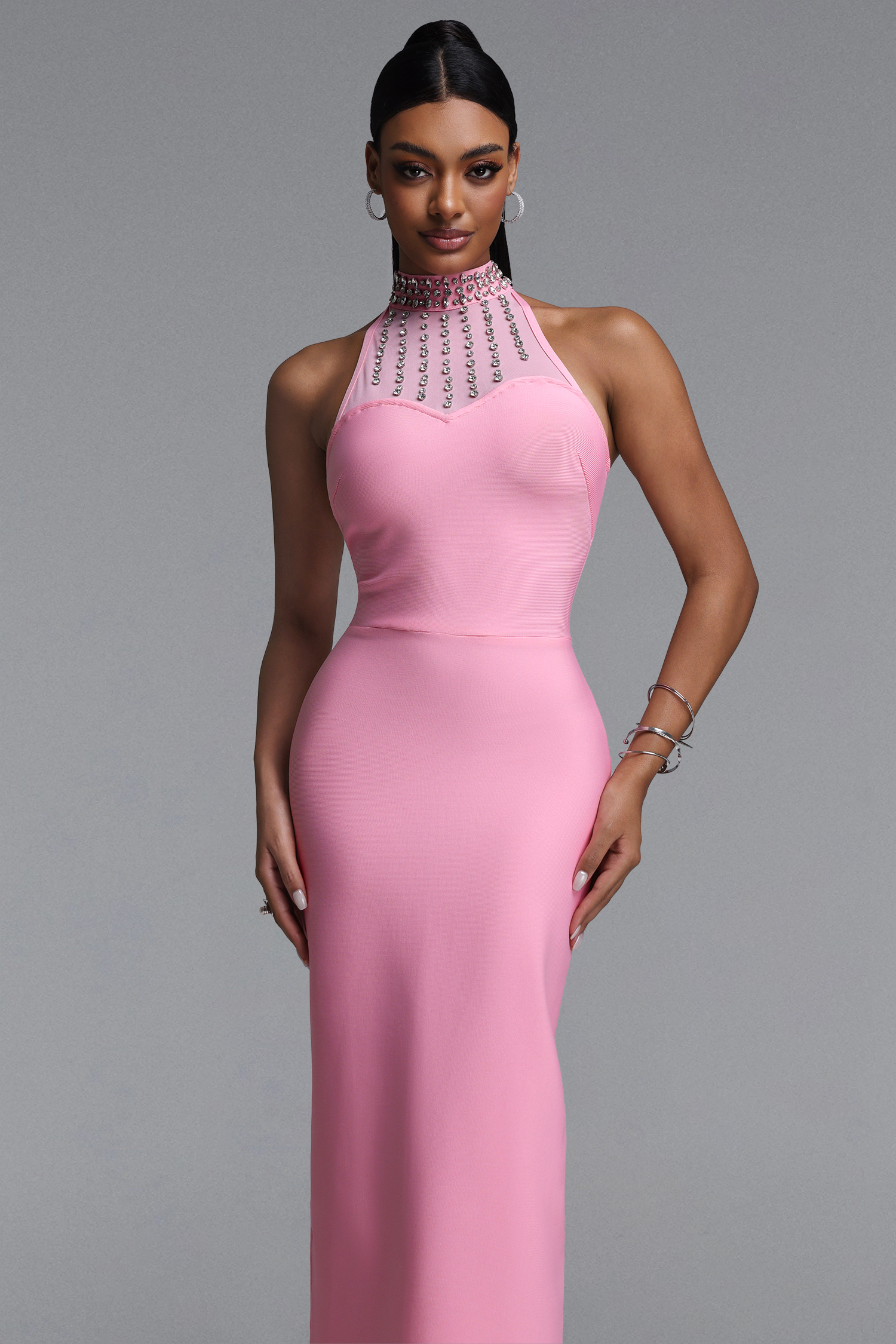 Maggie Elegant Fitted Halter Neck Rhinestone Trim Bandage Maxi Dress