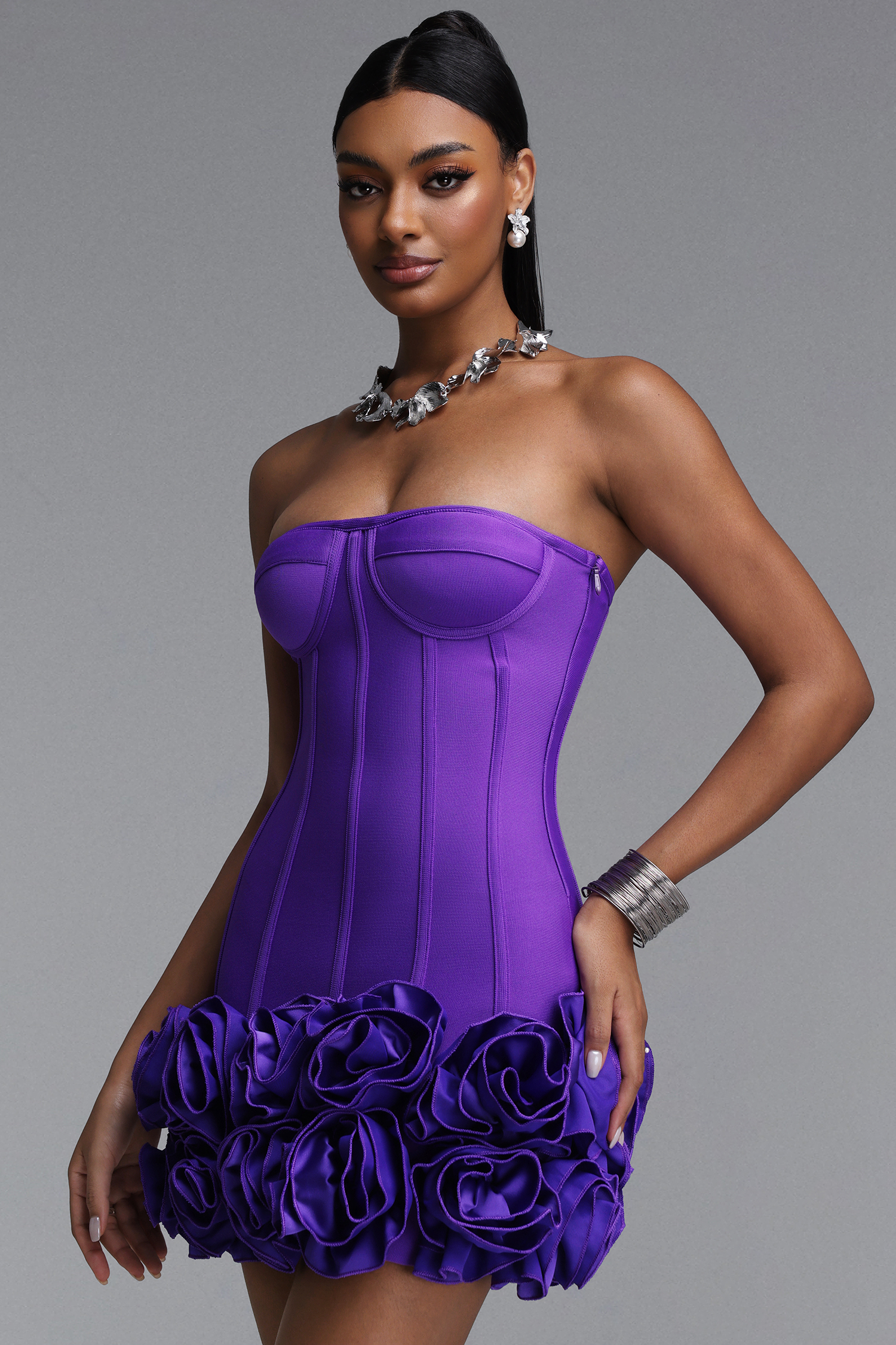 Eugenia Elegant Contour Fit Purple Strapless Corset Floral Ruffle Hem Bandage Maxi Dress