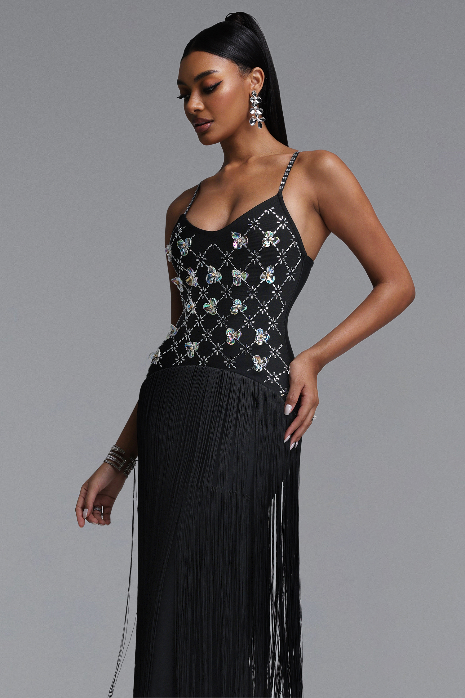 Kandiss Elegant Sophisticated Strap Floral Rhinestone Fringe Bandage Maxi Dress