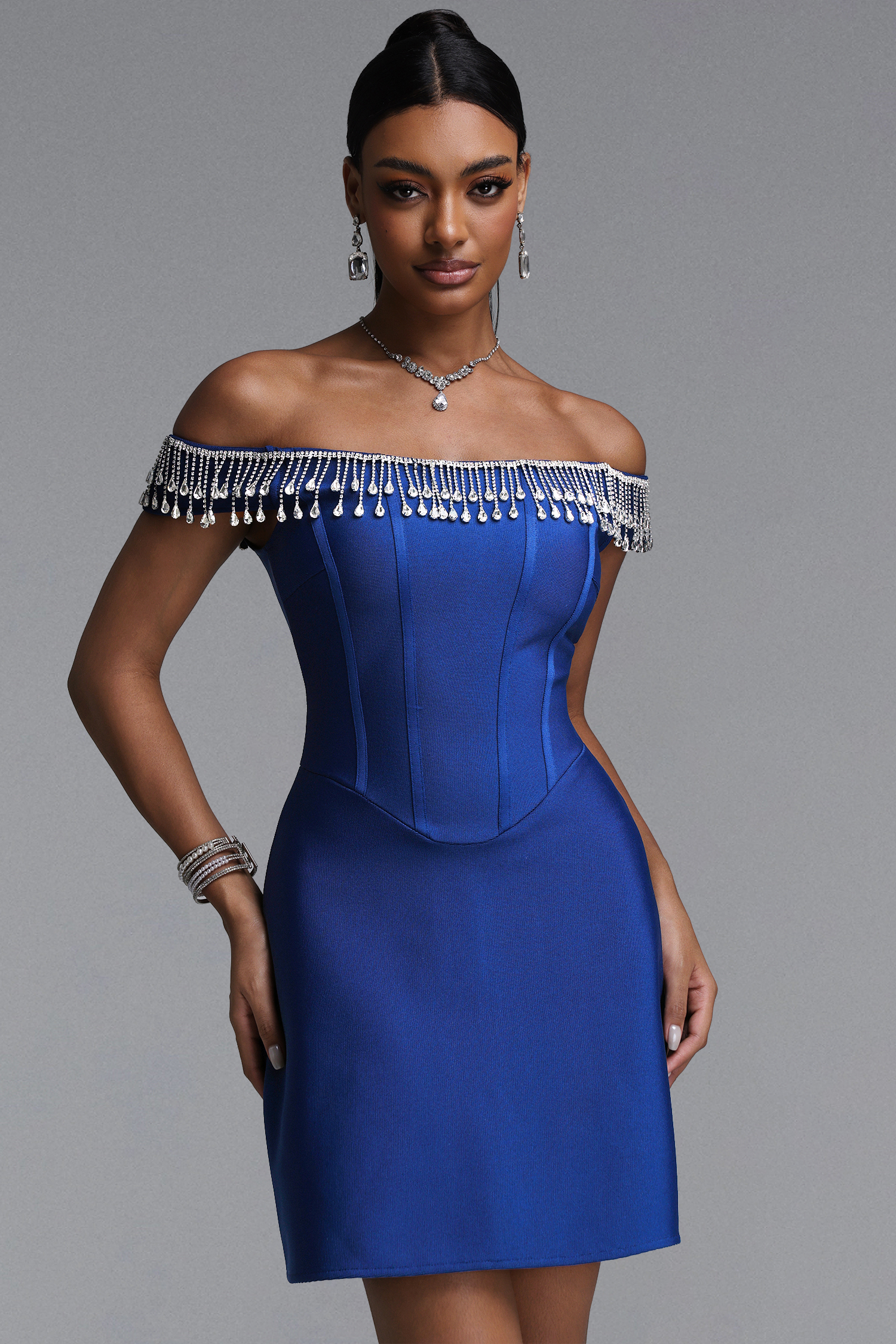 Makila Chic Off-Shoulder Dangling Crystal Bandage Mini Dress