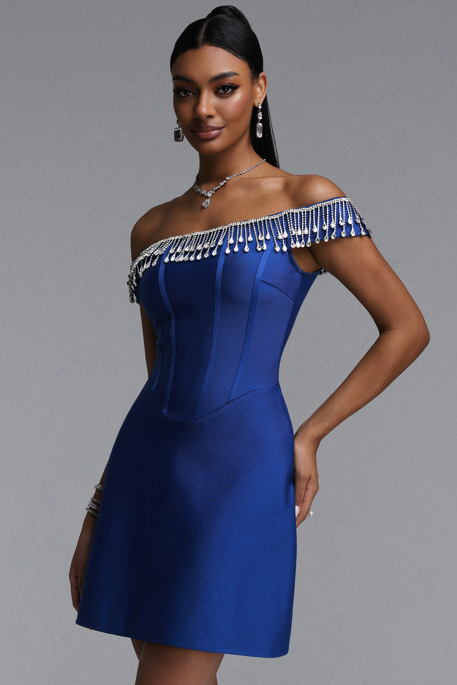 Makila Chic Off-Shoulder Dangling Crystal Bandage Mini Dress