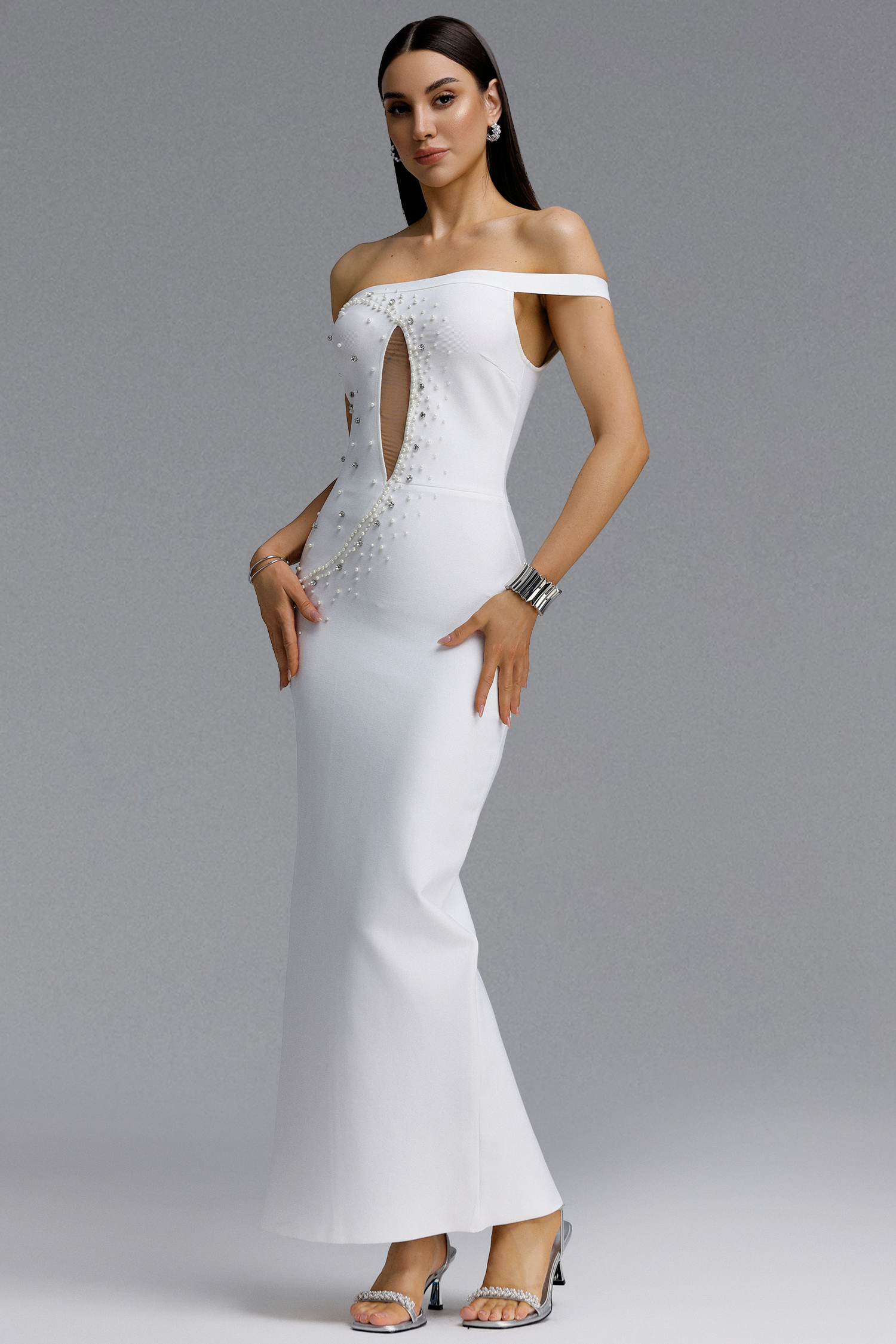 Viomo Elegant Contour Off Shoulder Gradient Rhinestone Cut Out Bandage Maxi Dress
