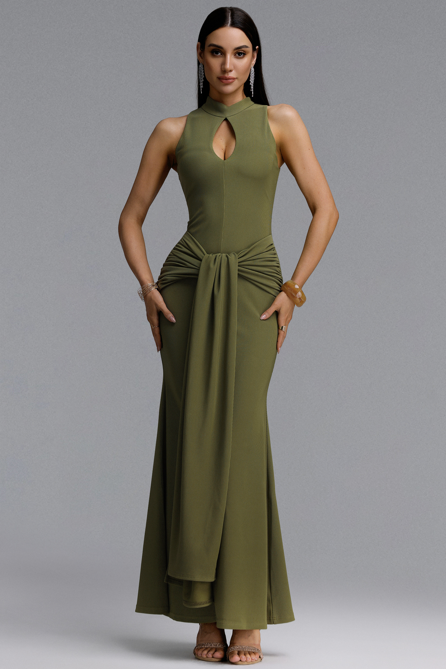 Sukia Chic Form-Fitting High Neck Cutout Draped Tie Sleeveless Mermaid Maxi Dress