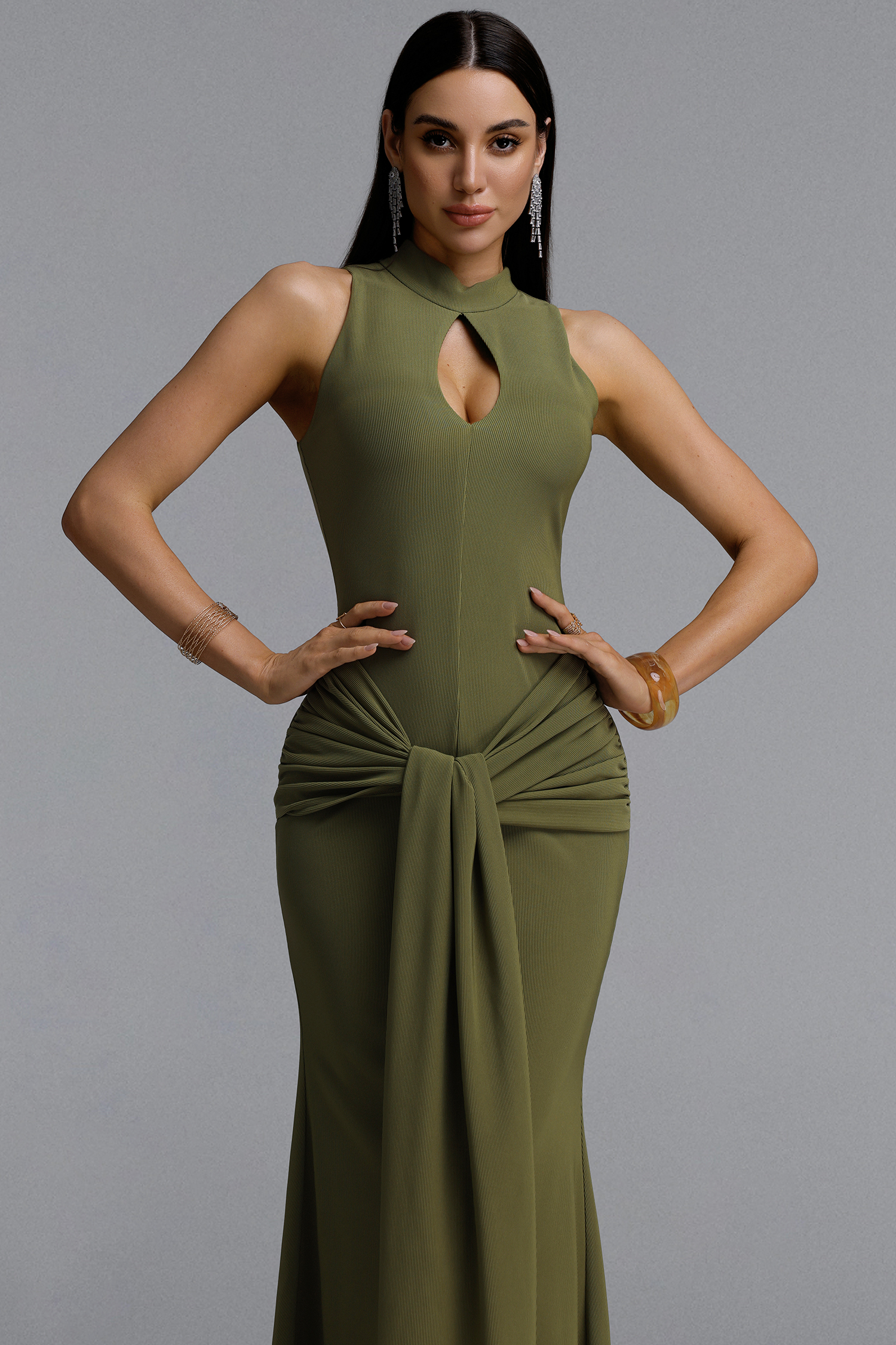 Sukia Chic Form-Fitting High Neck Cutout Draped Tie Sleeveless Mermaid Maxi Dress