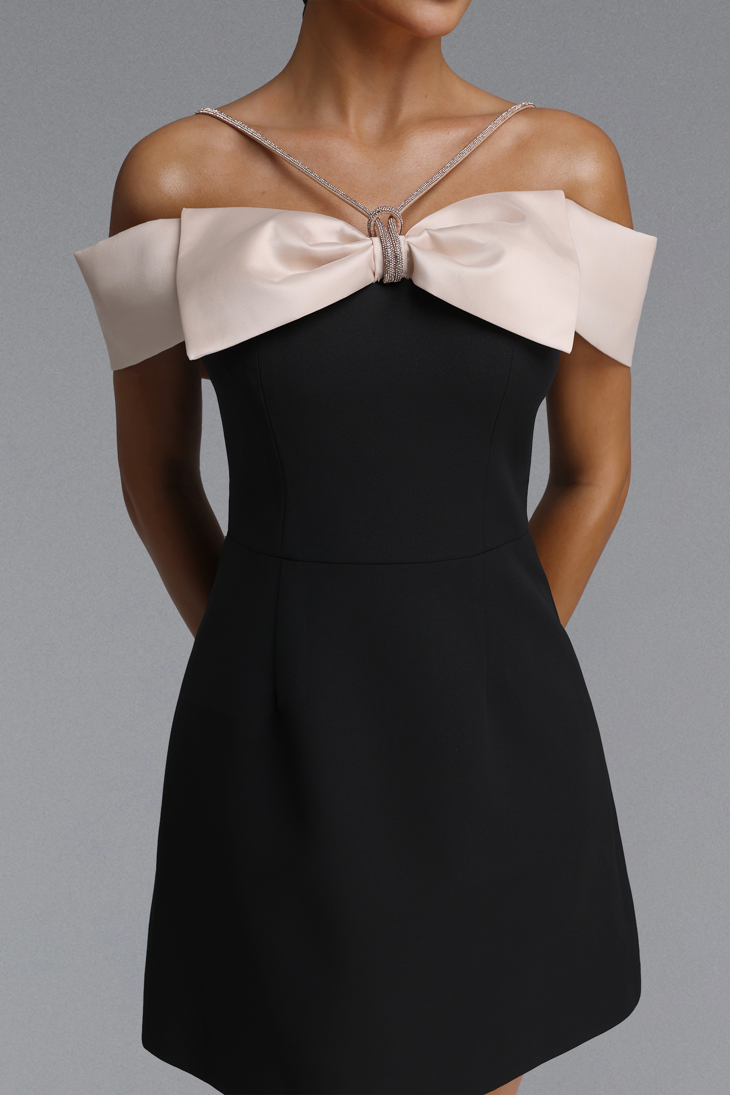 Zore Elegant Tailored Off Shoulder Rhinestone Bow Woven Mini Dress