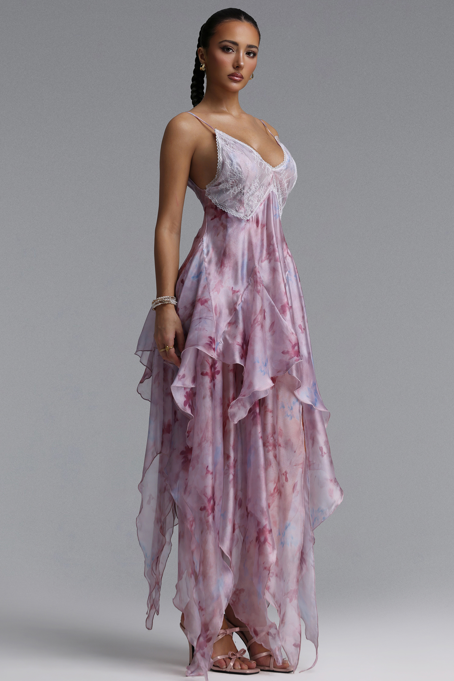 Yuni Resort Flowy Spaghetti Strap Lace Trimmed Asymmetric Ruffle Woven Maxi Dress