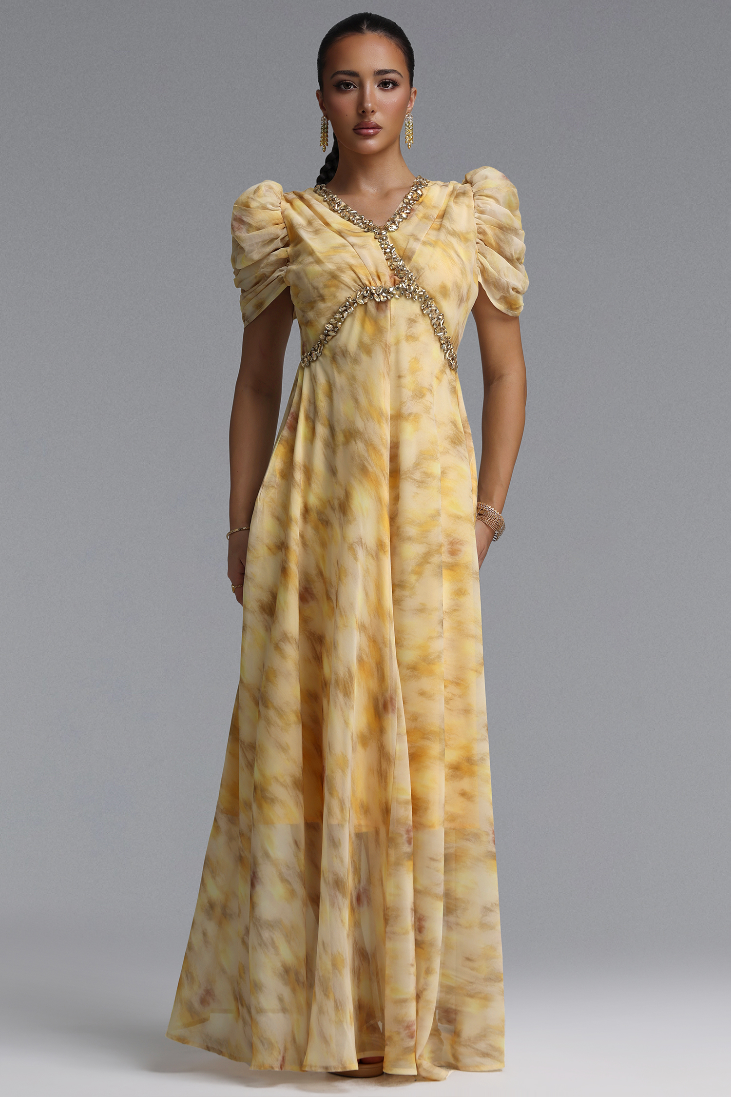 Dye Resort Flowy V Neck Puff Sleeve Rhinestone Chiffon Maxi Dress